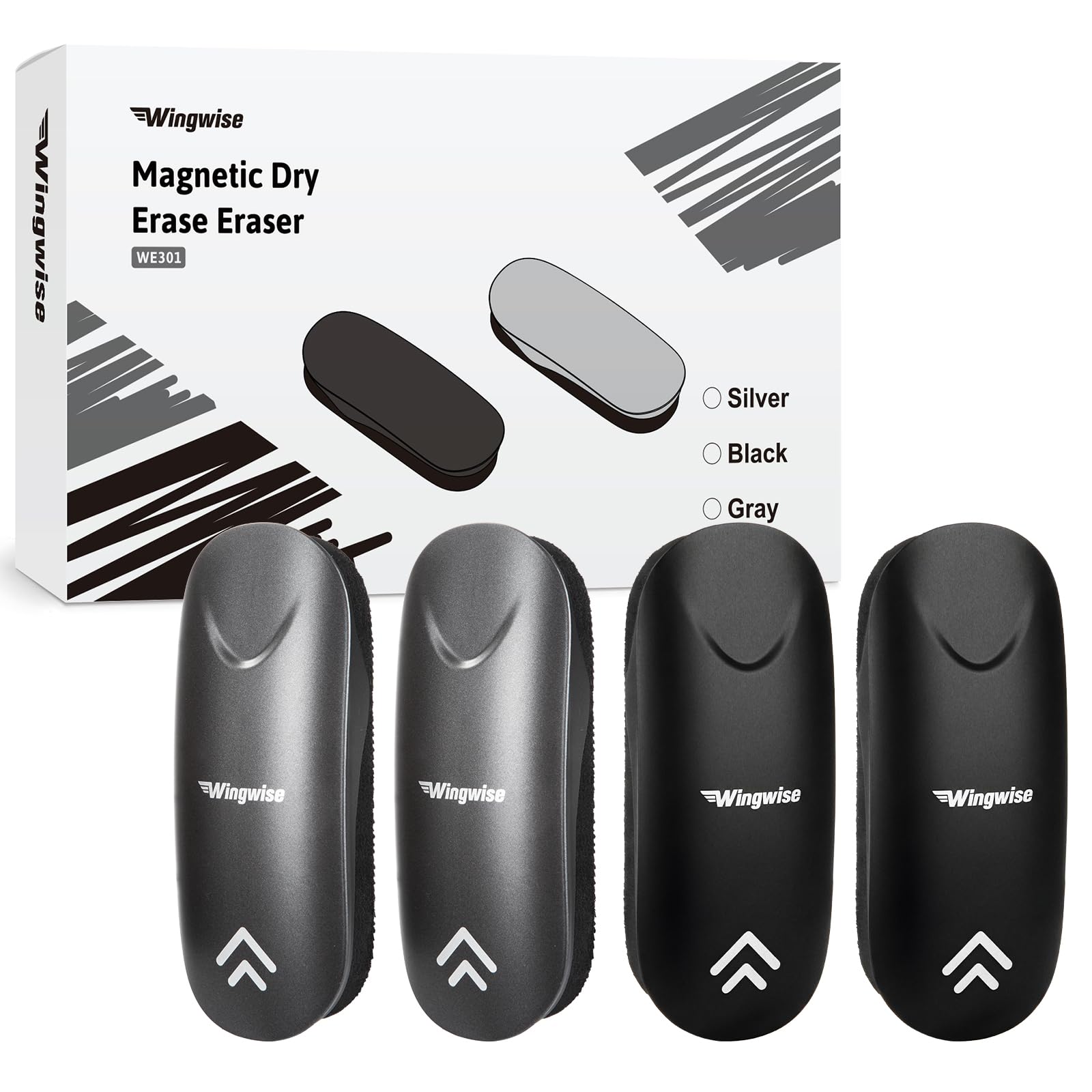 Wingwise Dry Erase Eraser, Magnetic White Board Eraser for Glass Whiteboards, Comfortable Grip, Strong Magnet, 4-Pack, 2 Black + 2 Gray