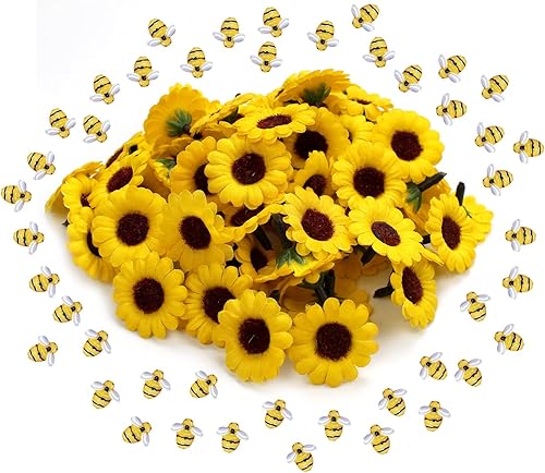URROMA Decoración de abejas y girasoles, 50 cabezas de girasol artificiales y pequeña abeja de resina para manualidades, corona, cabello, jardín,