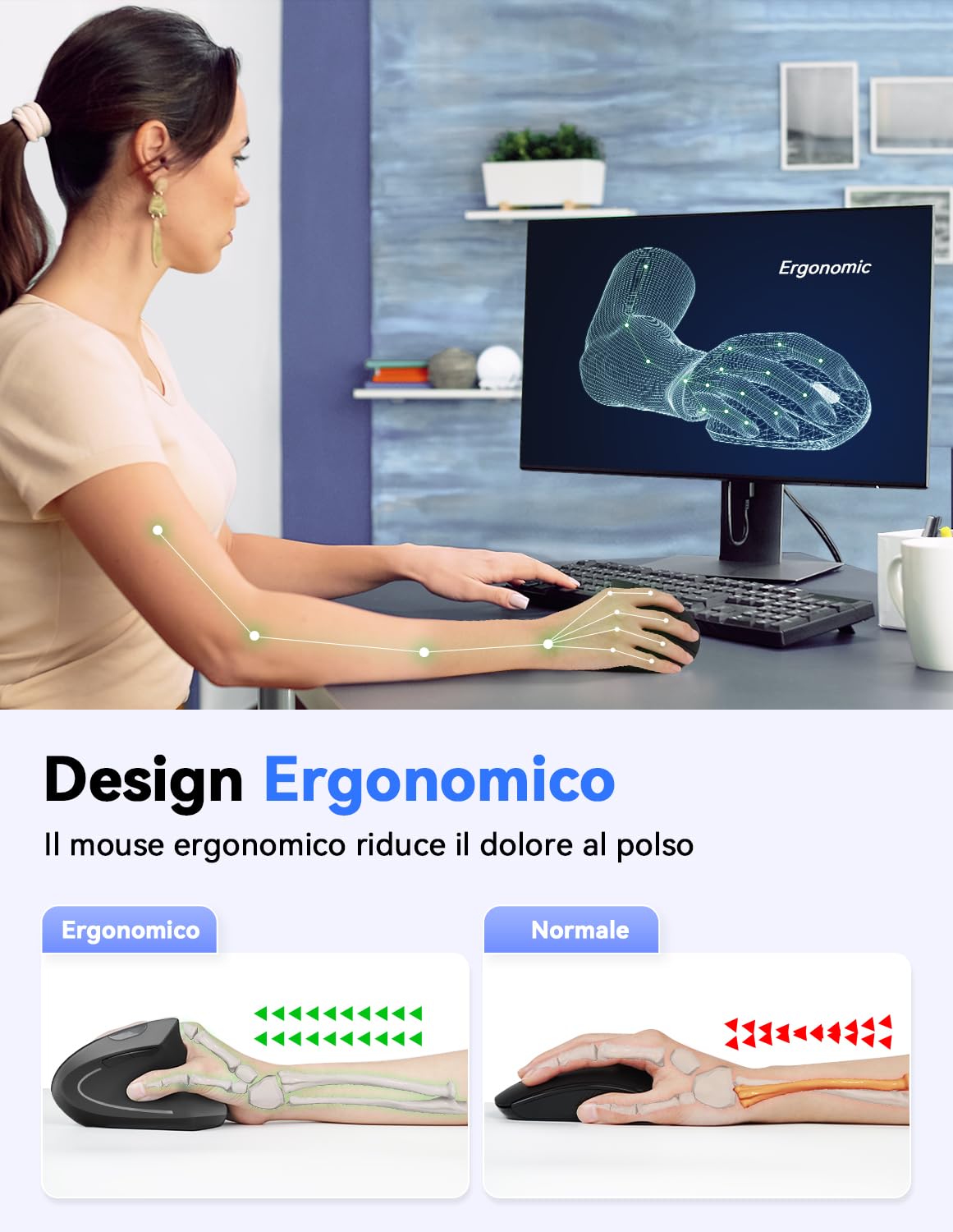 TECKNET Mouse Verticale, 4800 DPI Mouse Wireless Ergonomico, Protegge Il Braccio, Mouse Senza Fili 6 Pulsanti per PC, Computer Portatile, Mac, Nero