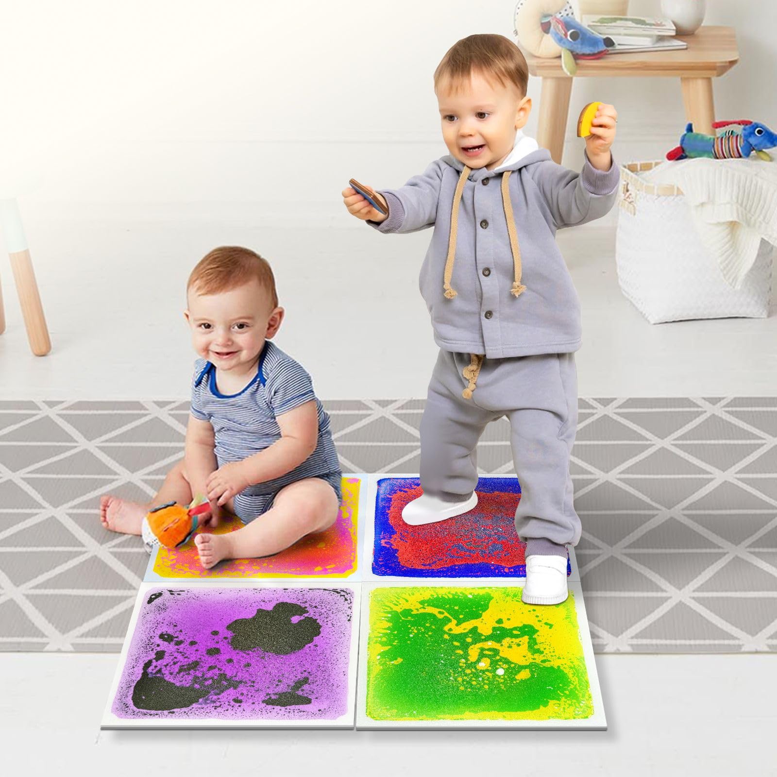 VIRTUENITY Lot de 4 dalles de sol sensorielles liquides - 30 x 30 cm - Colorées - Pour salles de jeux, salle de classe, chambre à coucher et bureau.