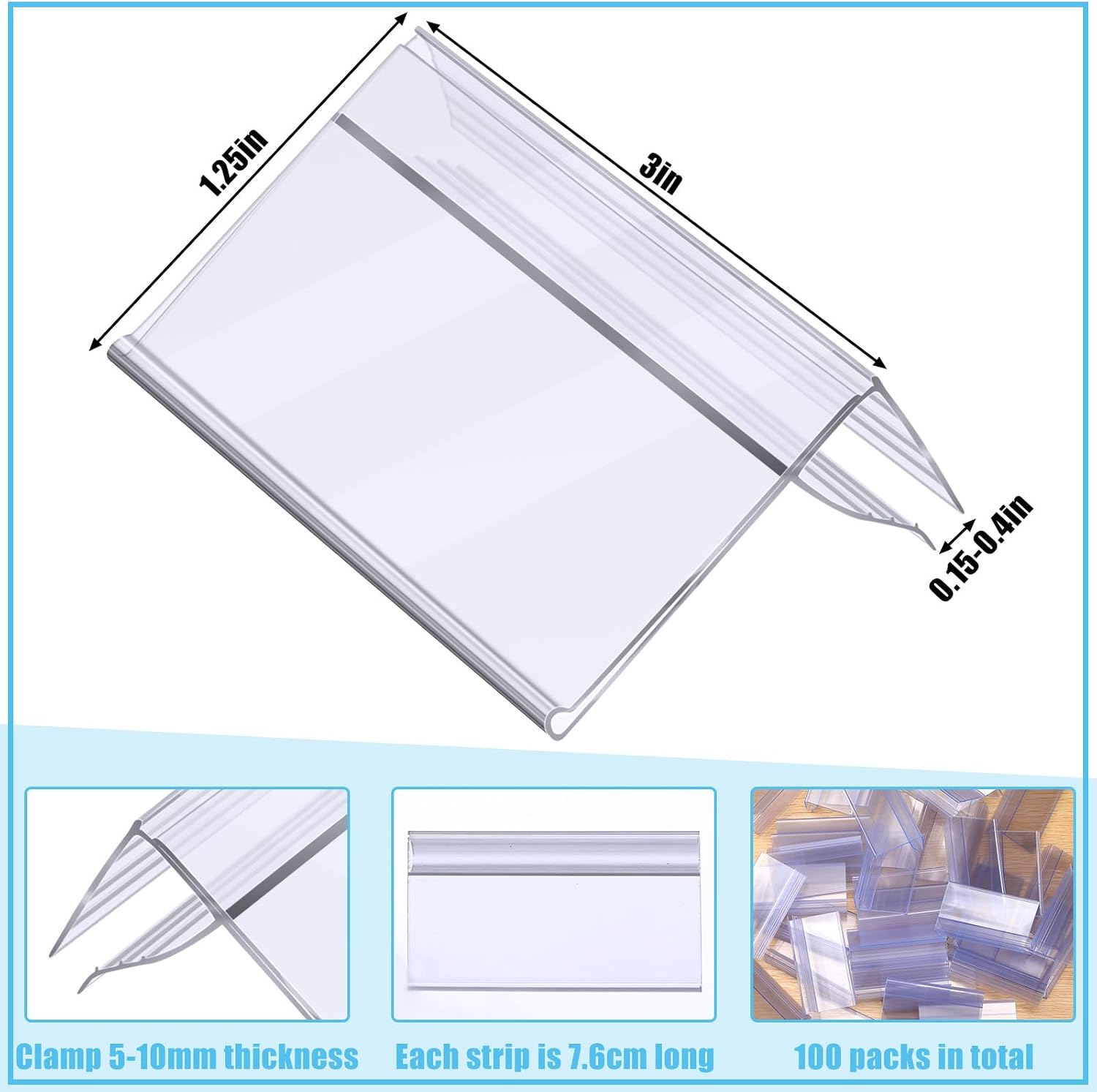 Qunclay 100 Pcs Shelf Label Holder Glass Wood 1.25 x 3 Inches Clear Plastic Clip on Labels Shelf Tags for Wire Shelving 0.15'' to 0.4'' Shelves Sign Price Tags