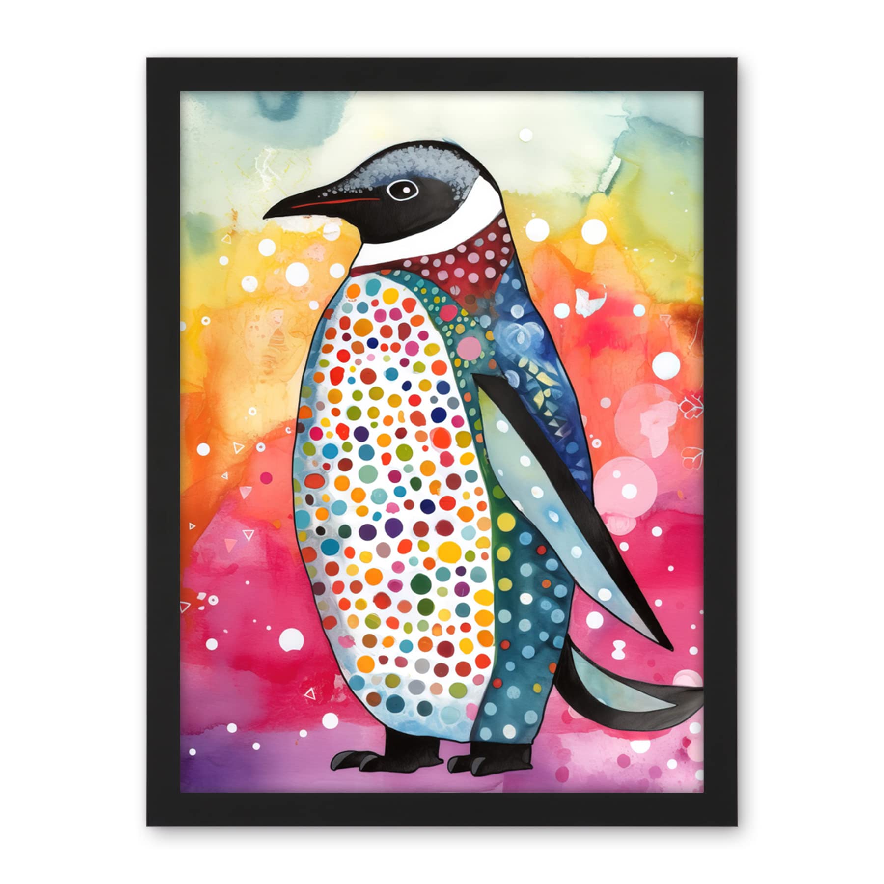 Artery8 Cute Multicoloured Spot Penguin Folk Art Artwork Framed Wall Art Print 18X24 Inch