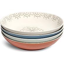 Sango 4-Piece Speckled Stoneware Pasta Bowl Set- Wide Shallow Dinner Bowls with Hand-Painted Rustic Design, Farmhouse Glossy Large Ceramic Bowls for Pasta, Salad & Everyday Meal, Siterra Glazed Garden