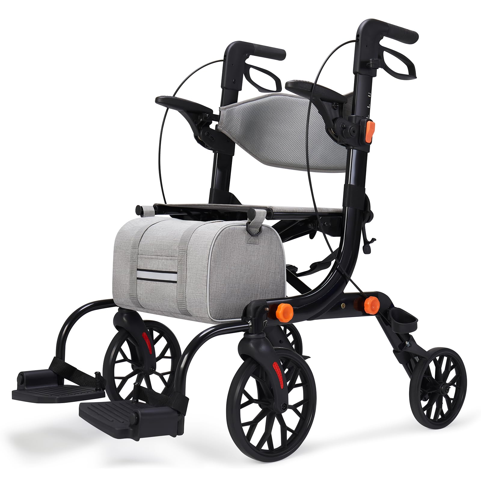 2-in-1 Rollstuhl-Rollator faltbar und leicht mit Sitz, klappbarer Rollstuhl für Senioren, Aluminium-Gehhilfe Transportstuhl, höhenverstellbar für Innen- und Außenbereich mit Bremsen