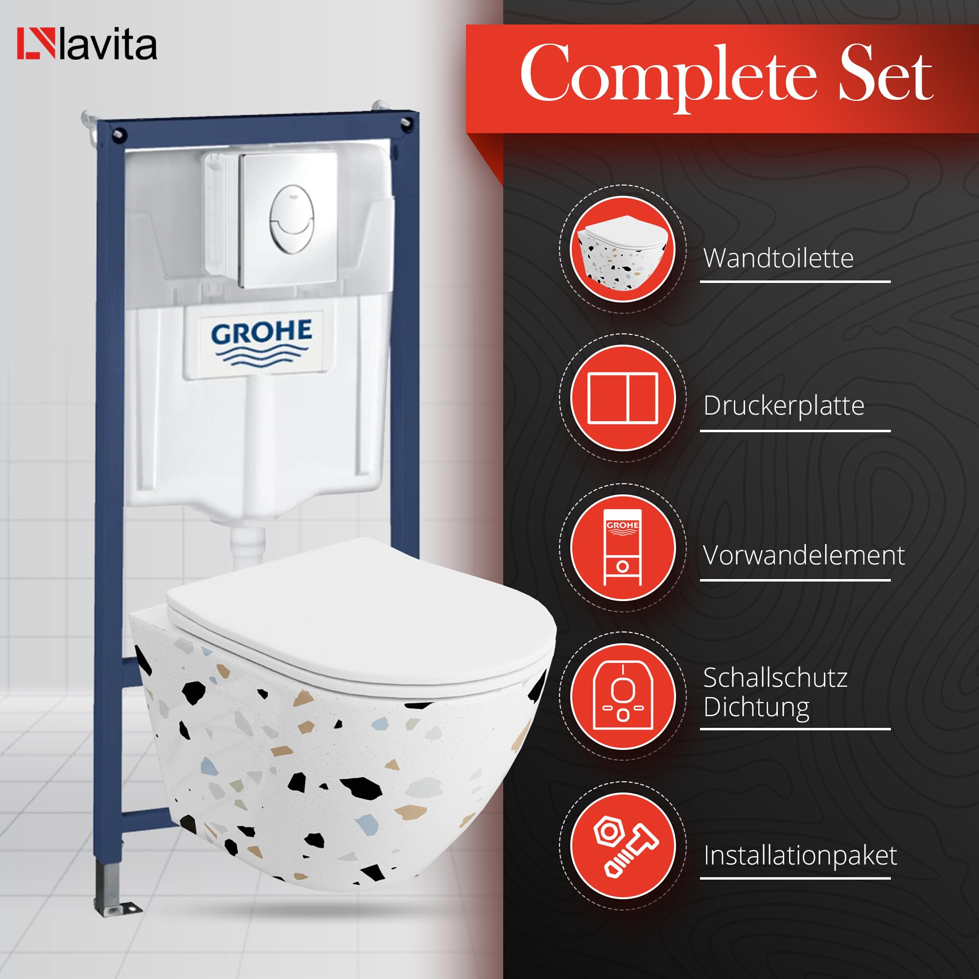 Lavita Vorwandelement Solido Start + Wand Hänge WC Sofi Slim Stone Weiß Spülrandlos + WC Sitz mit Absenkautomatik Verchromter Knopf Komplettset Unterputz Spülkasten Toilette Komplett Sett WC