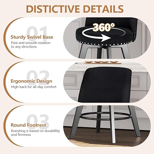 Miniatura 5 de MINCETA Taburetes de mostrador, 26 pulgadas, 360 pulgadas, giratorios, espalda alta, tapizados con respaldo completo, taburetes de barra de altura