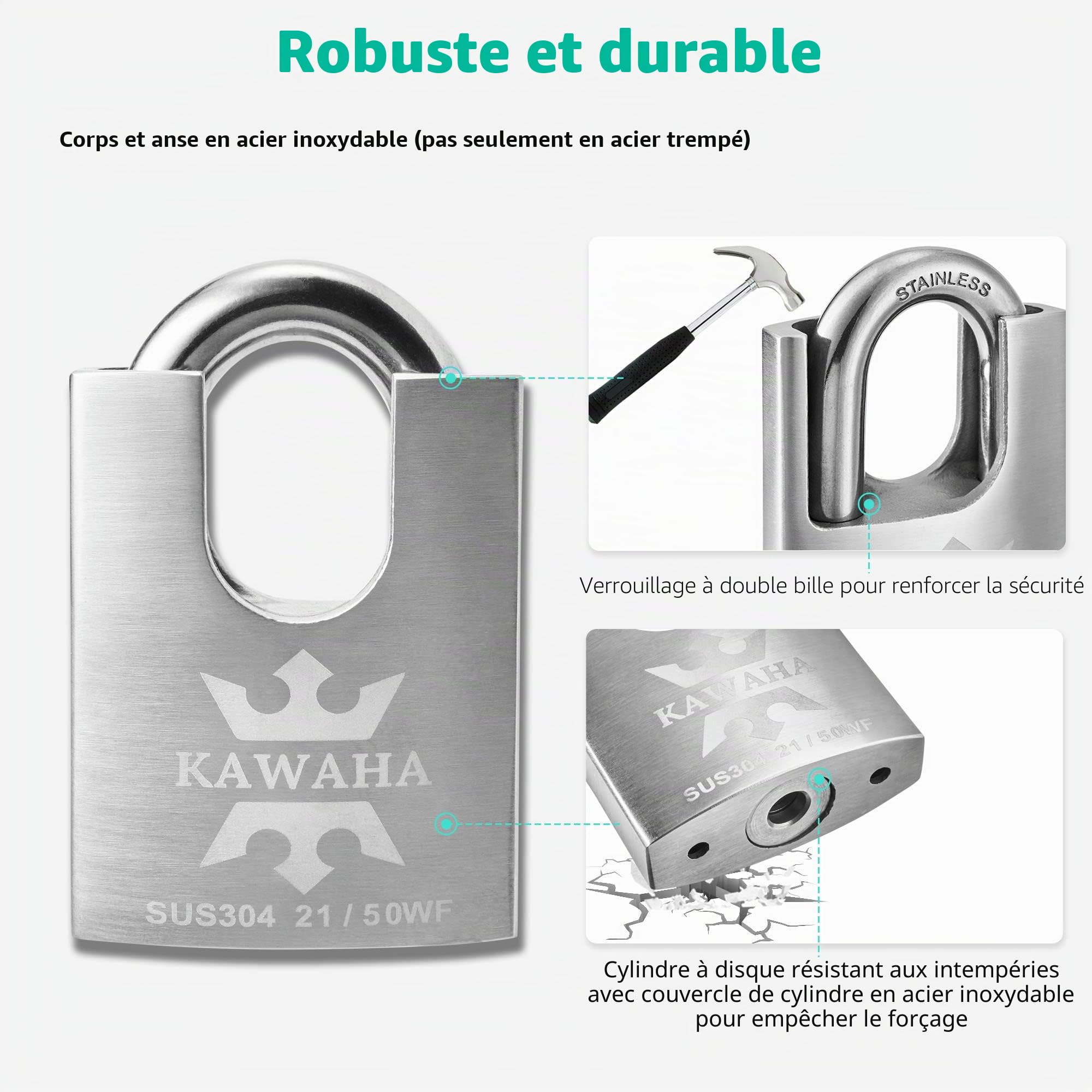 21/50-2PS Cadenas à haute sécurité en acier inoxydable avec enveloppe en acier inoxydable et clé en acier inoxydable pour usage intérieur et extérieur (utilisation intensive, antirouille) (50