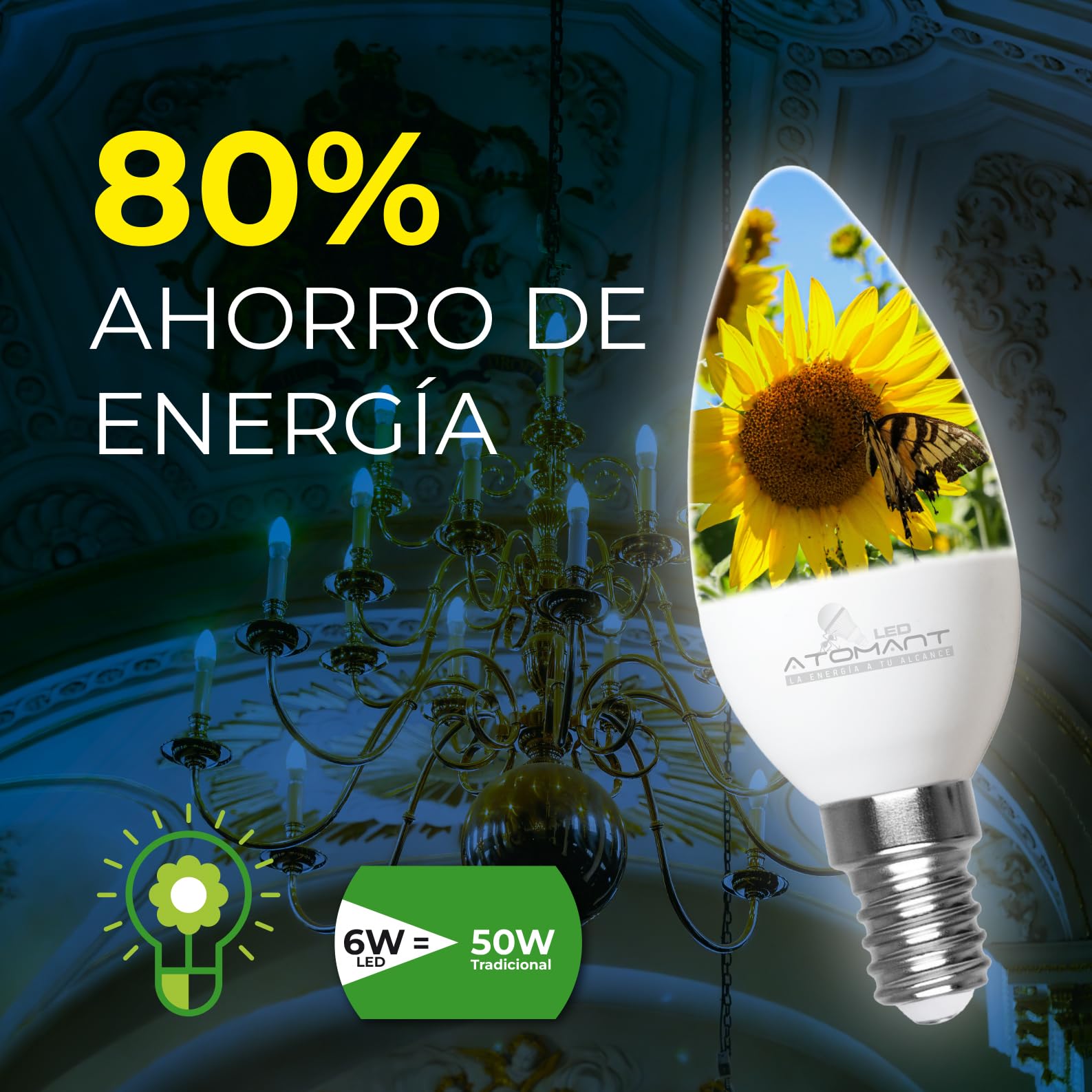 LED ATOMANT Pack 10x Bombilla LED E14 Vela C37 6W, Color Blanco Frio, 610 Lumenes, Casquillo fino, Equivalente a 60W tradicional