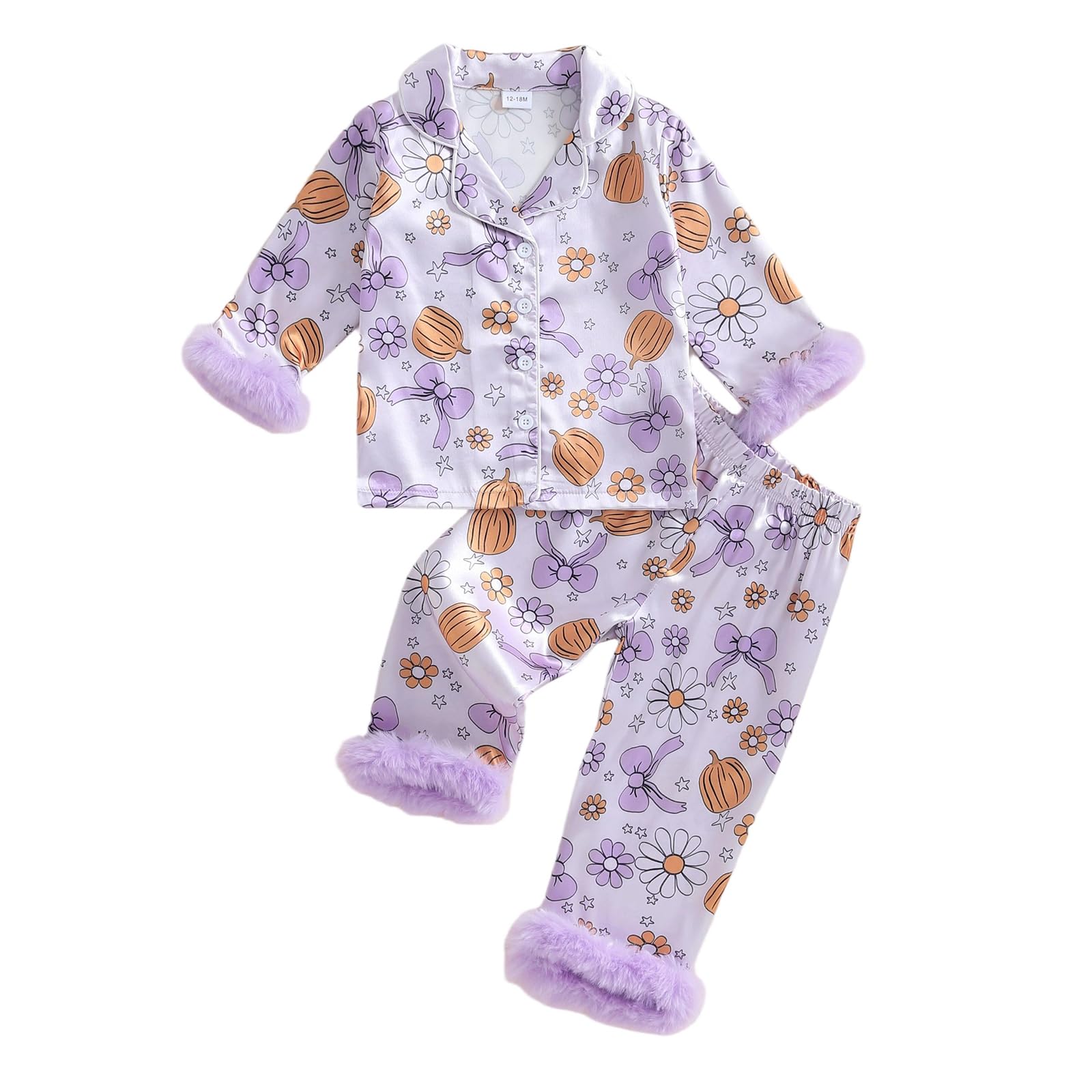 Kuriozud Kids Toddler Girl Satin Pajamas Fuzzy Trim Long Sleeve Button Down Shirt Top and Pants 2pcs Pjs Sets Sleepwear