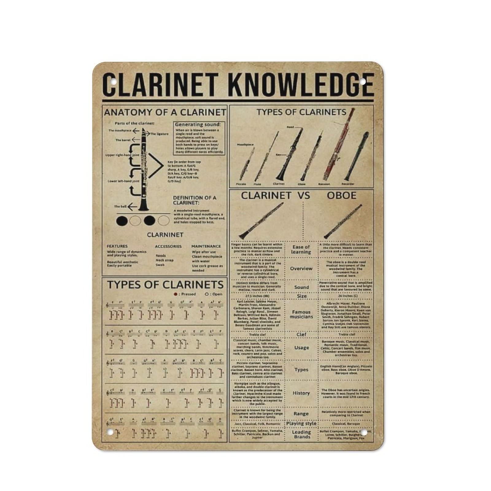 AOOEDM Clarinet Knowledge Wall Metal Tin Sign for Home Bar Pub Kitchen Wall Art Deocr Man Cave Vintage Metal Sign Poster Plaque Signs Quotes Sign