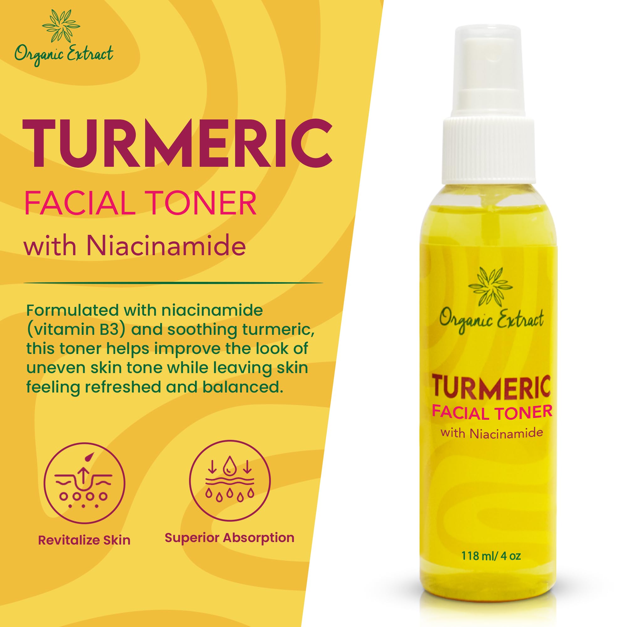 Toner Visage à l'Extrait de Curcuma Bio - 4 fl oz / 118 ml - Tonique Éclaircissant pour le Visage, Élimine Doucement les Impuretés - Tonique Exfoliant et Hydratant avec Glycérine, Aloe Vera
