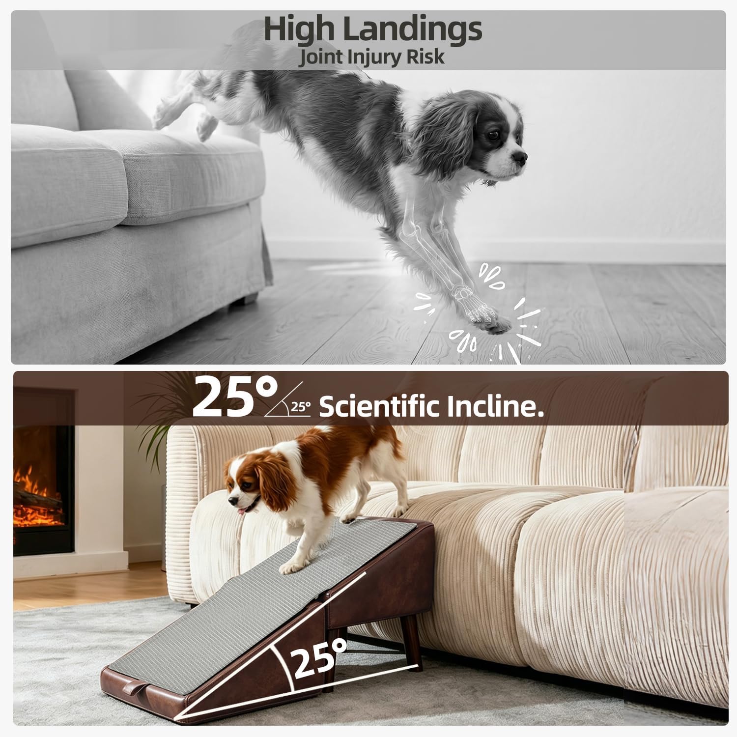 Dog Ramp for Couch, Wooden 15.5" H Dog Stairs for Small/Medium-Sized Dogs and Cats, Washable Non-Slip Silicone Surface pet Ramp,Foldable 2-in-1 Split Ottoman Design (Brown 15.5" H)