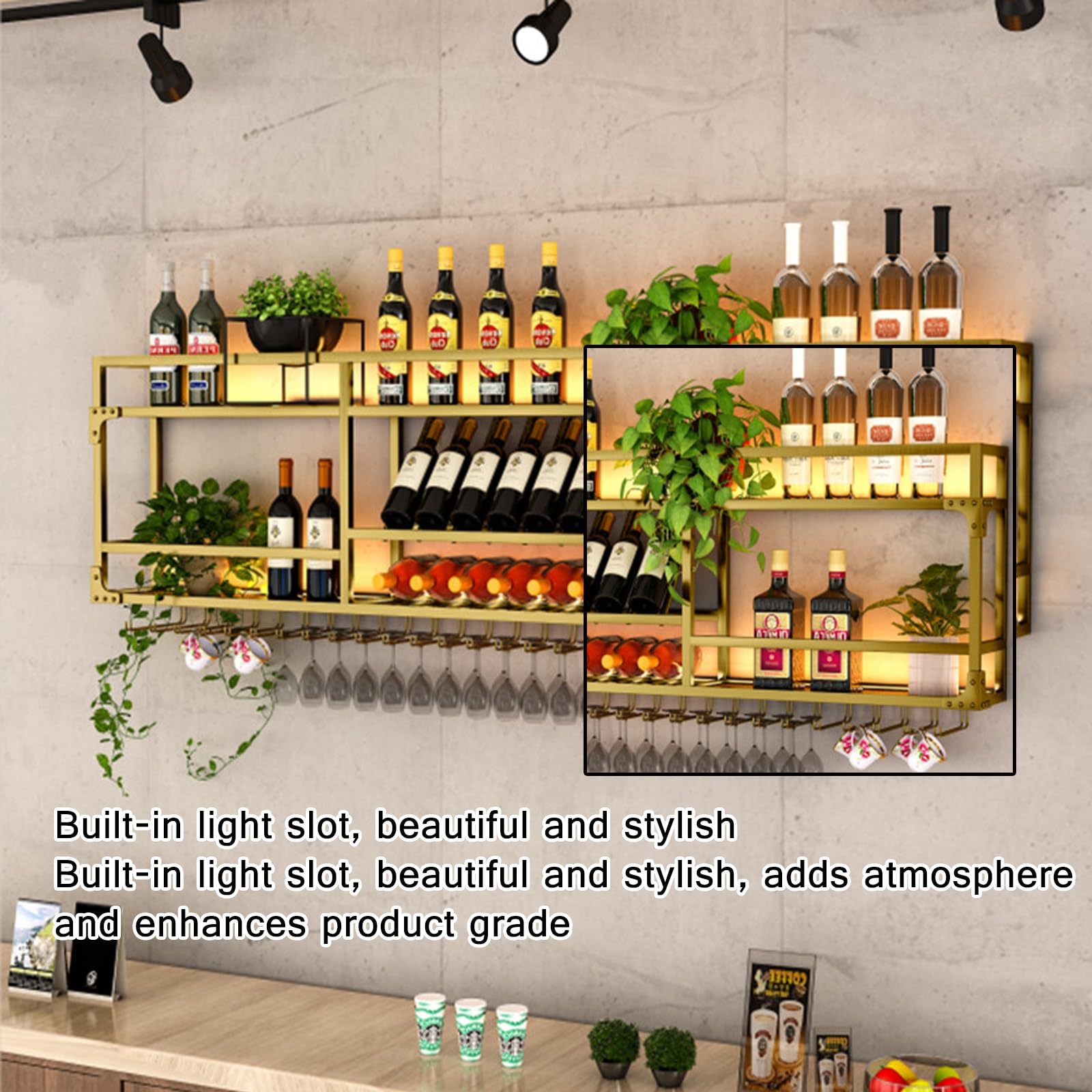 Nowoczesny naścienny stojak na wino z uchwytem na kieliszki i siatką do przechowywania stylowy czarny design 100 cm długości - idealny do dekoracji baru i kuchni