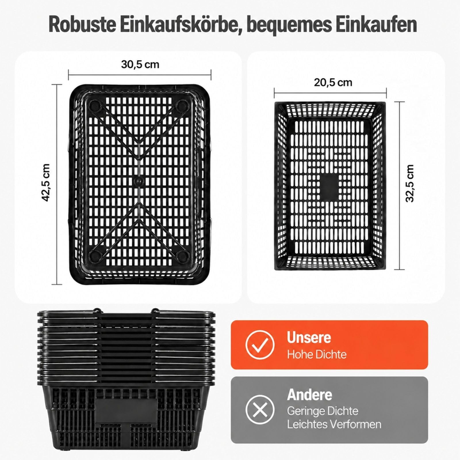 Einkaufskorb aus Kunststoff, 12er-Pack, 21 L, schwarz, stapelbar, mit Metallgriffen, engmaschige Struktur, für Lebensmittelgeschäft, Einzelhandel und Supermarkt
