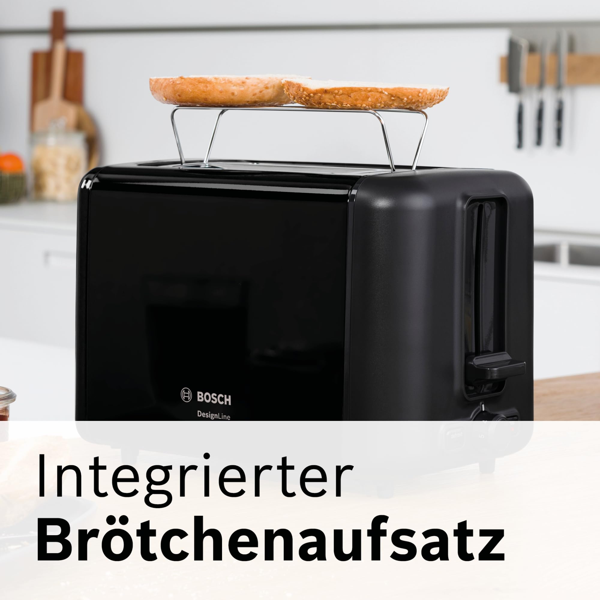 Bosch Kompakt Toaster DesignLine TAT3P423DE, Integrierter Edelstahl-Brötchenaufsatz, Mit Abschaltautomatik, Mit Auftaufunktion, Perfekt Für 2 Scheiben Toast, Liftfunktion, Breit, 970 W, Schwarz