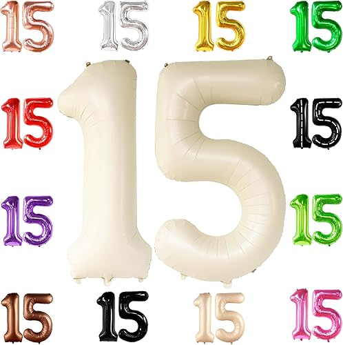 KatchOn, Globos de color blanco crema con el número 15, 40 pulgadas, decoración de globos de cumpleaños de 15, decoraciones de cumpleaños del número