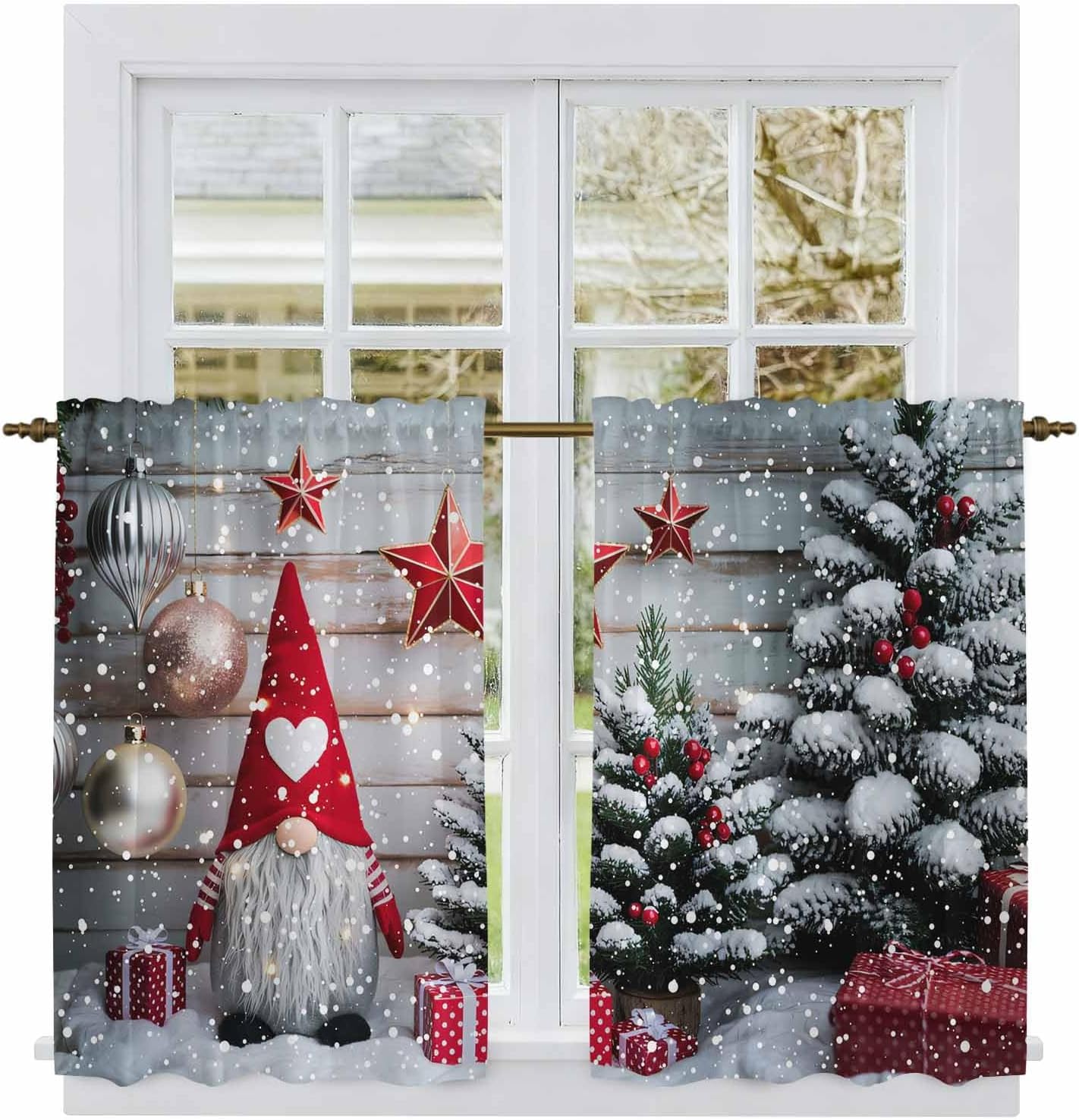 Christmas Gnomes Kitchen Tier Curtains 45 Inch Long 2 Panel Set,Rod Pocket Short Window Treatment,Winter Farmhouse Xmas Balls Tree Light Filtering Curtains & Drapes for Bathroom Basement 27.5"W x 45"L