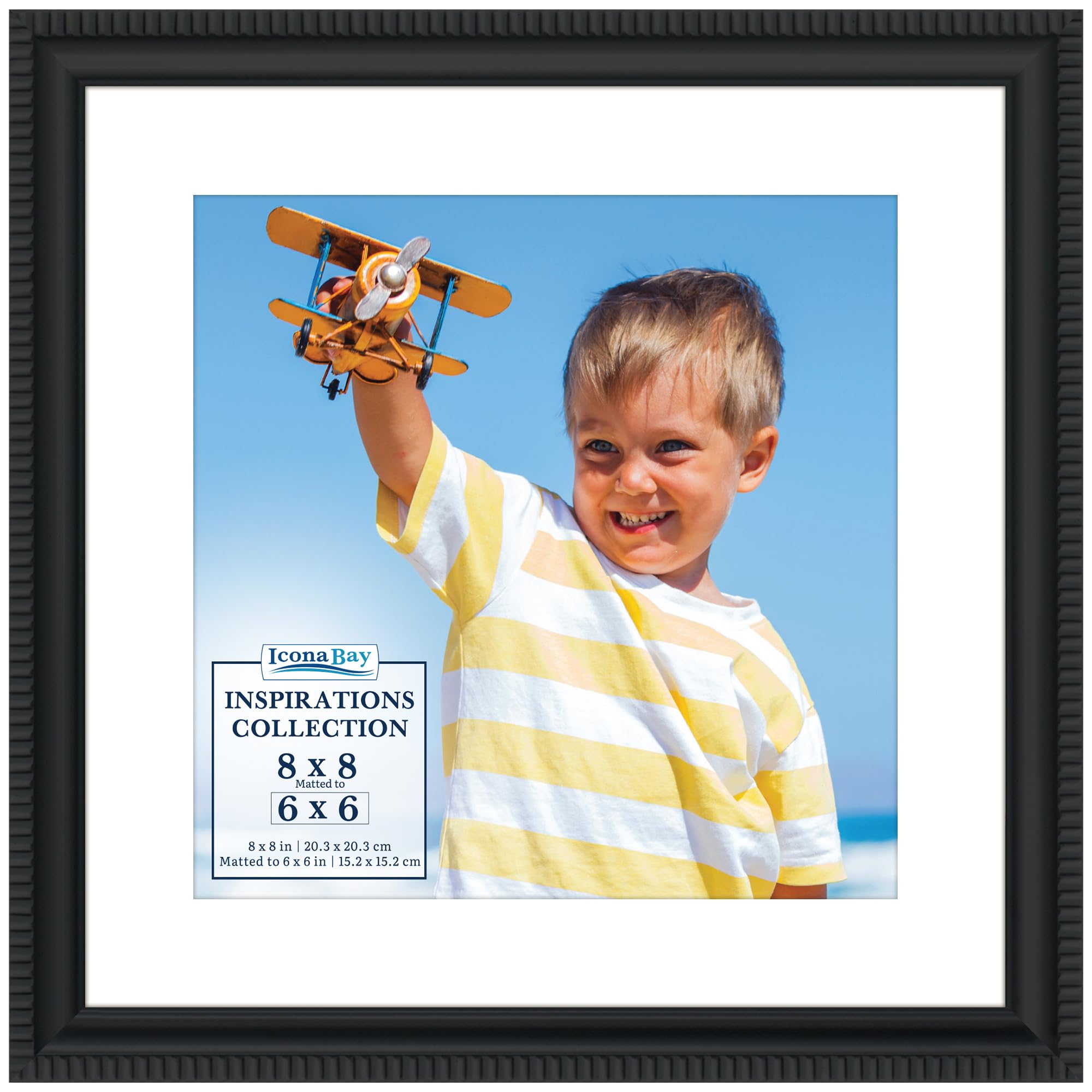 Icona Bay - 8x8 Black Picture Frame with Removable Mat for 6x6 Photo - Beautifully Detailed Molding - Contemporary Picture Frame - Wall Mount or Table Top - Inspirations Collection