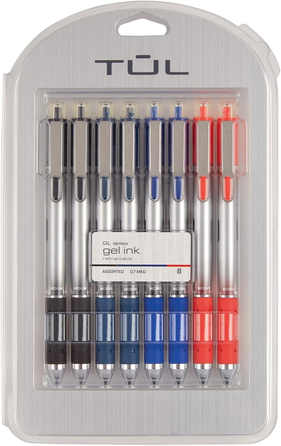 tul retractable gel pens, bullet point, 0.7 mm, gray barrel, assorted standard ink colors, pack of 8