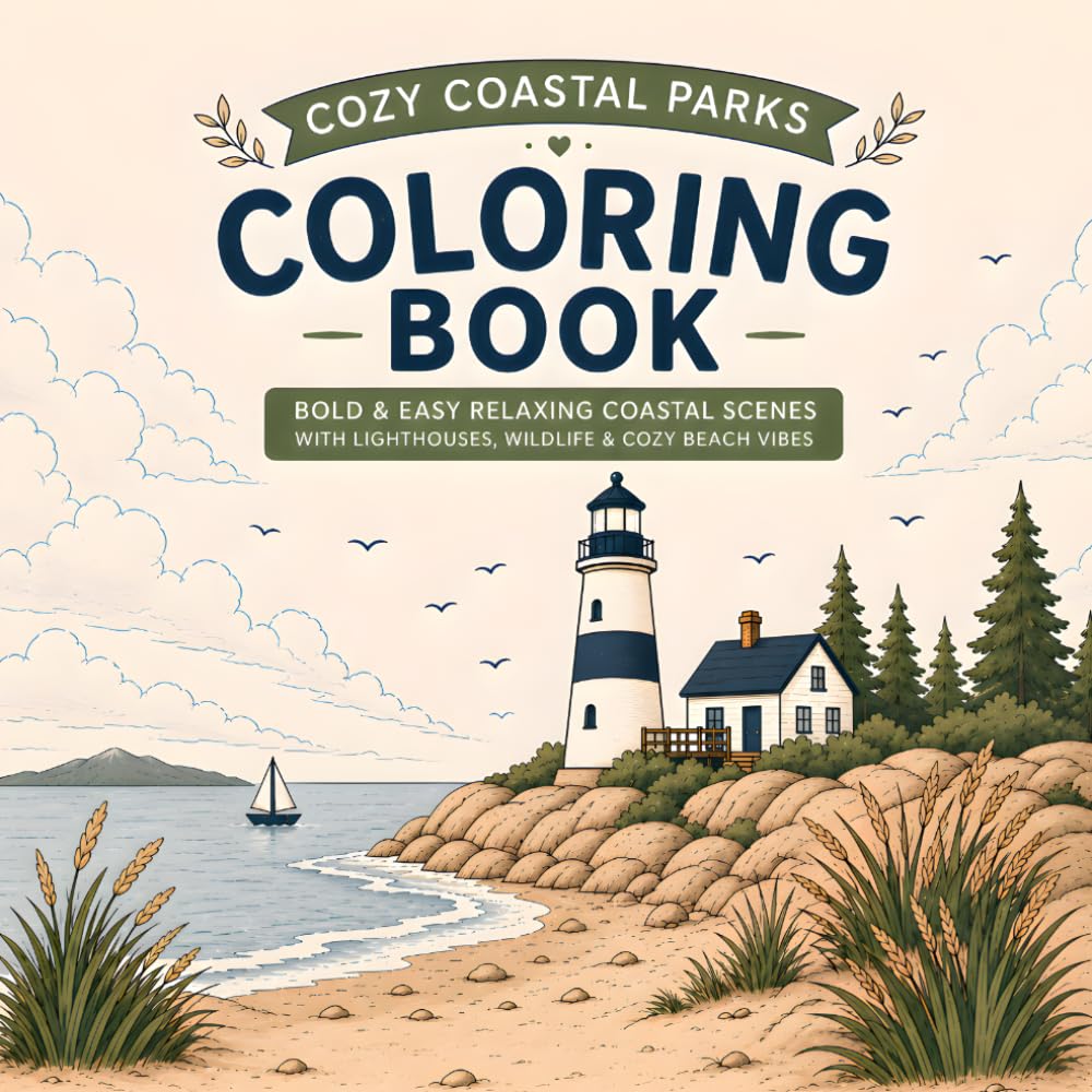 Cozy Coastal Parks Coloring Book: Bold & Easy Relaxing Coastal Scenes with Lighthouses, Wildlife & Cozy Beach Vibes (30 Page Studio)