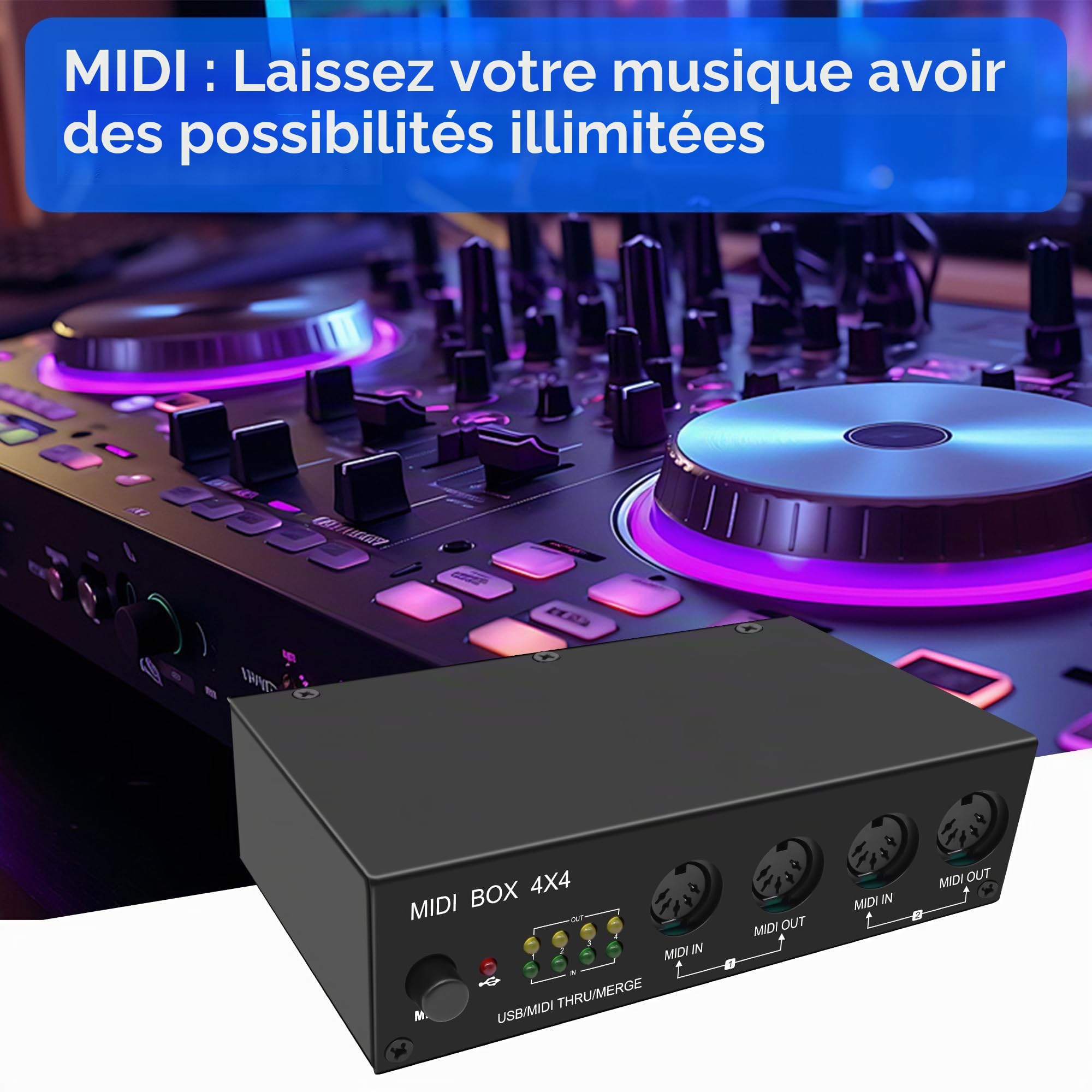 XMSJSIY USB MIDI Interface Box 4 In 4 Out 64 Channel MIDI Thru Box 4 * 4 Convertisseur avec Routeur Merge Splitter Thru Hub avec indicateurs LED pour PC Mac et instruments MIDI USB