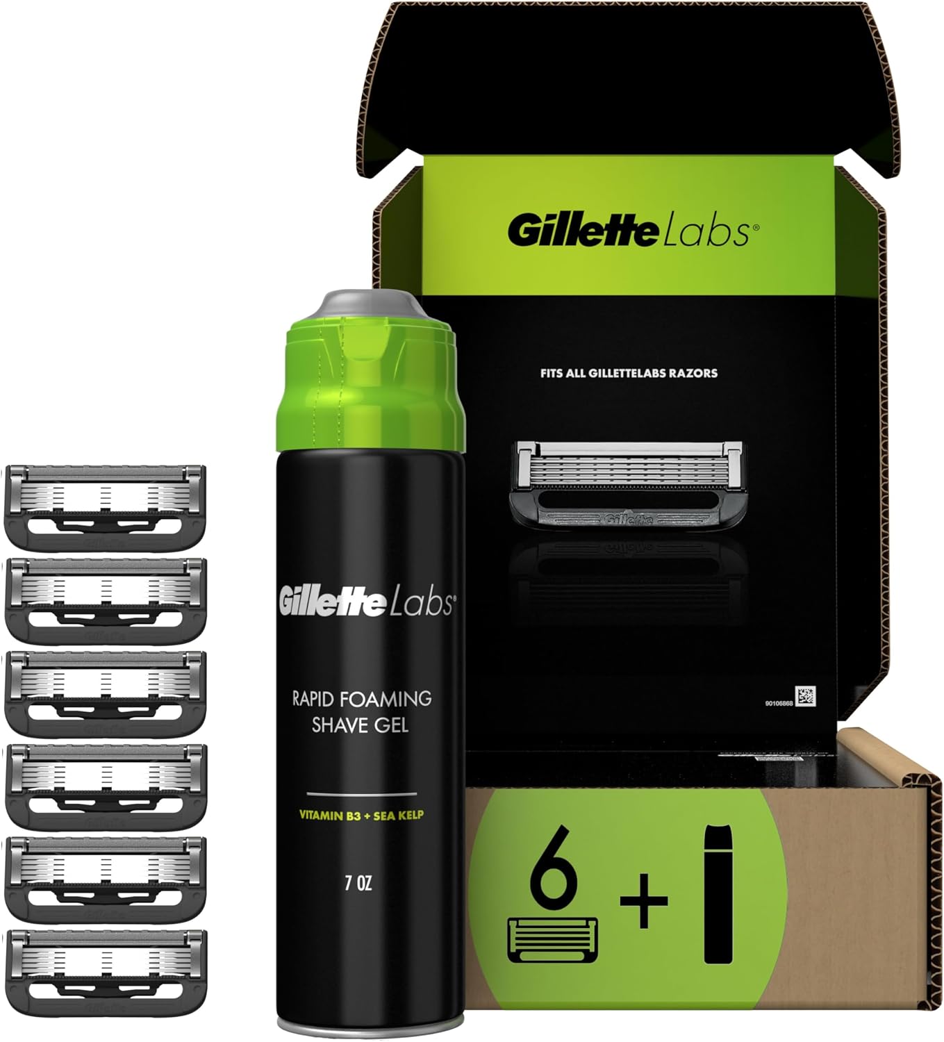 Gillette Mens Shaving Kit With Exfoliating Bar By Gillettelabs, Includes 6 Razor Blade Refills, 198G Rapid Foaming Shave Gel For Men, Gray And Green