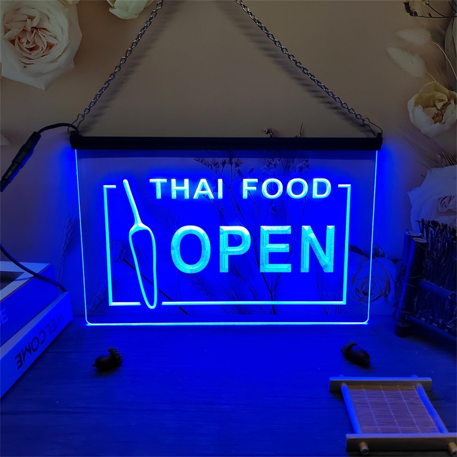 KEYQEEN OPEN Thai Food Shop LED Neon Sign, Restaurant 3D Carving Neon Lights for Business Wall Decor USB Luminous Signs,Blue,60x40cm