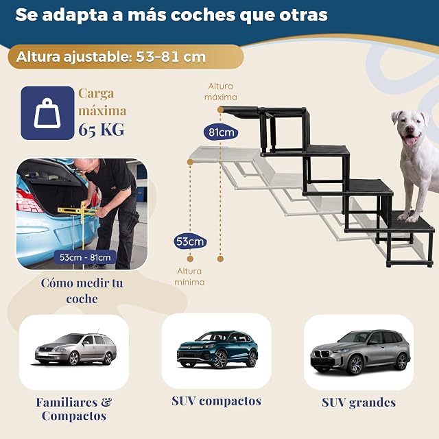 Foto 4 de 8 de Escalera para Perros Coche Plegable - Ligera y Ajustable 53–81 cm para SUV y Familiar - Alternativa a Rampa