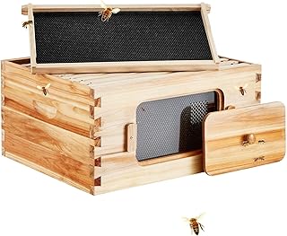 Bee Hive Deep Box Starter Kit,100% Beeswax Coated Natural Cedar Wood, Langstroth Beehive Kit with 10 Frames and Foundations,Transparent Acrylic Bee Windows compatible with Beginners and Pro Beekeepers