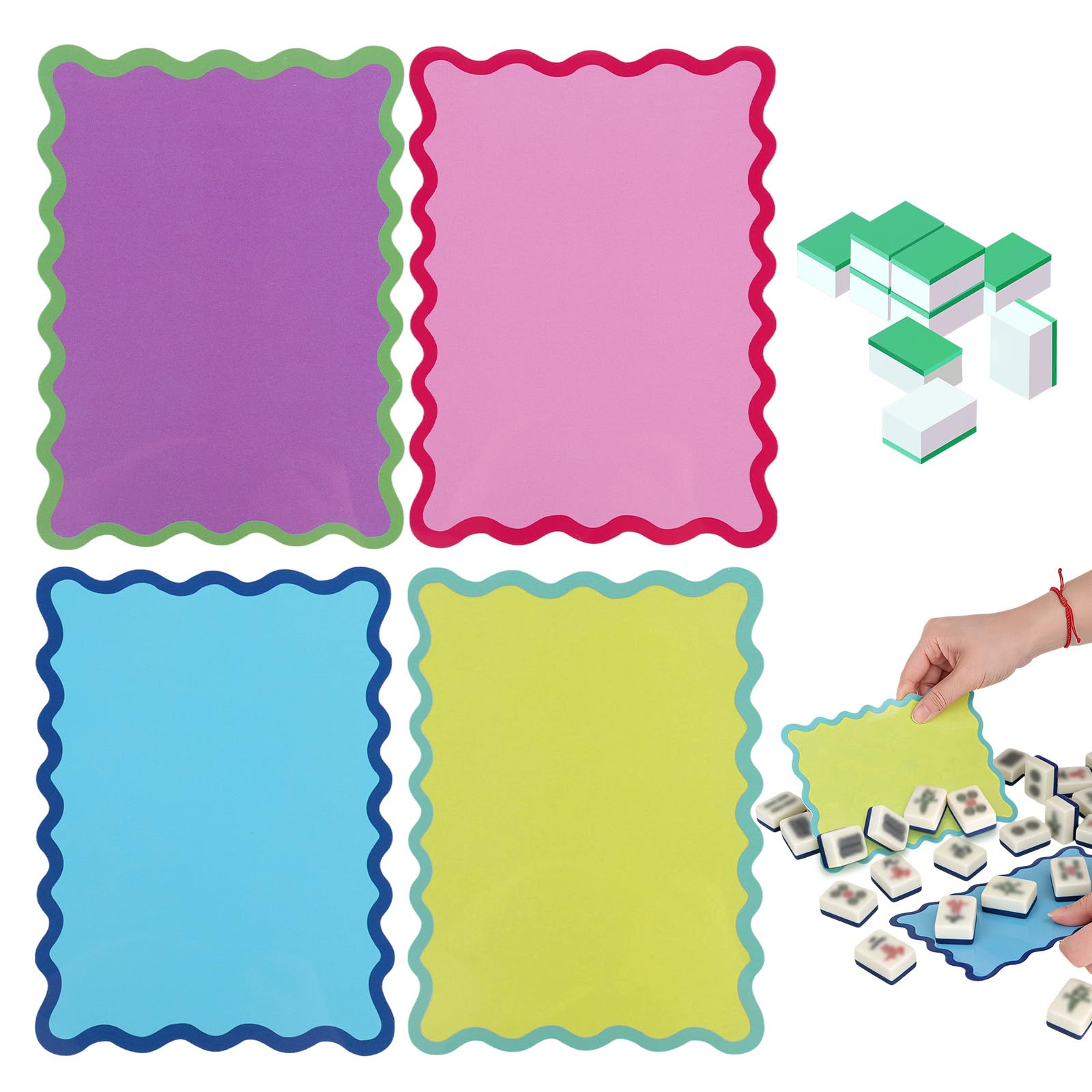 Goktvai 4pcs Mahjong Shuffler Cards, Thickened PVC Multicolored Mahjong Tile Shuffler with Decorative Wavy Scalloped Edge Design Fun Game Accessories for Beginners and Enthusiasts