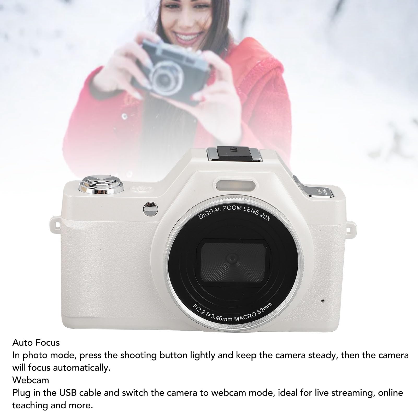 Cámara Digital, Cámara de Vlogging UHD 58MP 4K con Enfoque Automático, Cámara de Zoom 20X para Apuntar y Disparar para Fotografía, Cámara Compacta Antivibración con Flash (White)