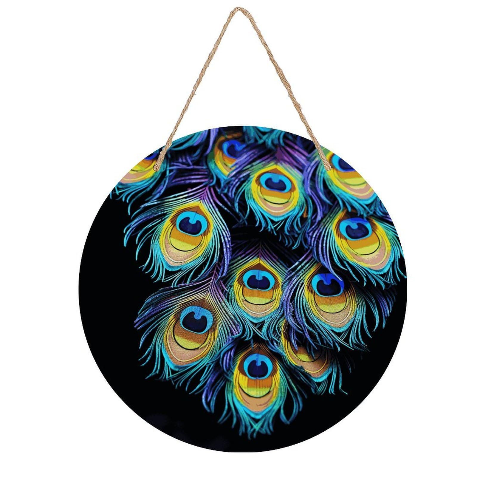 FekiLoot A Bunch of Peacock Feathers Wall Art Decor Round Wood Hanging Sign Decoration Wooden Circle Door Sign Round Hanging Decorative Wood Plaque Door Hanger for Home Outdoor Indoor Decoration