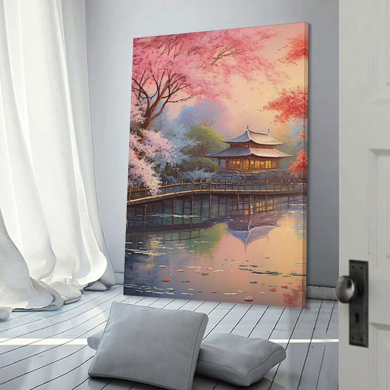 Junmoney Frame-Style-6 Hanging Wall Art Cherry Asian House Bridge, 16X24inch(40X60cm), For Gallery Wall Layouts In Home Or Office, An Easy Match For Collected Prints