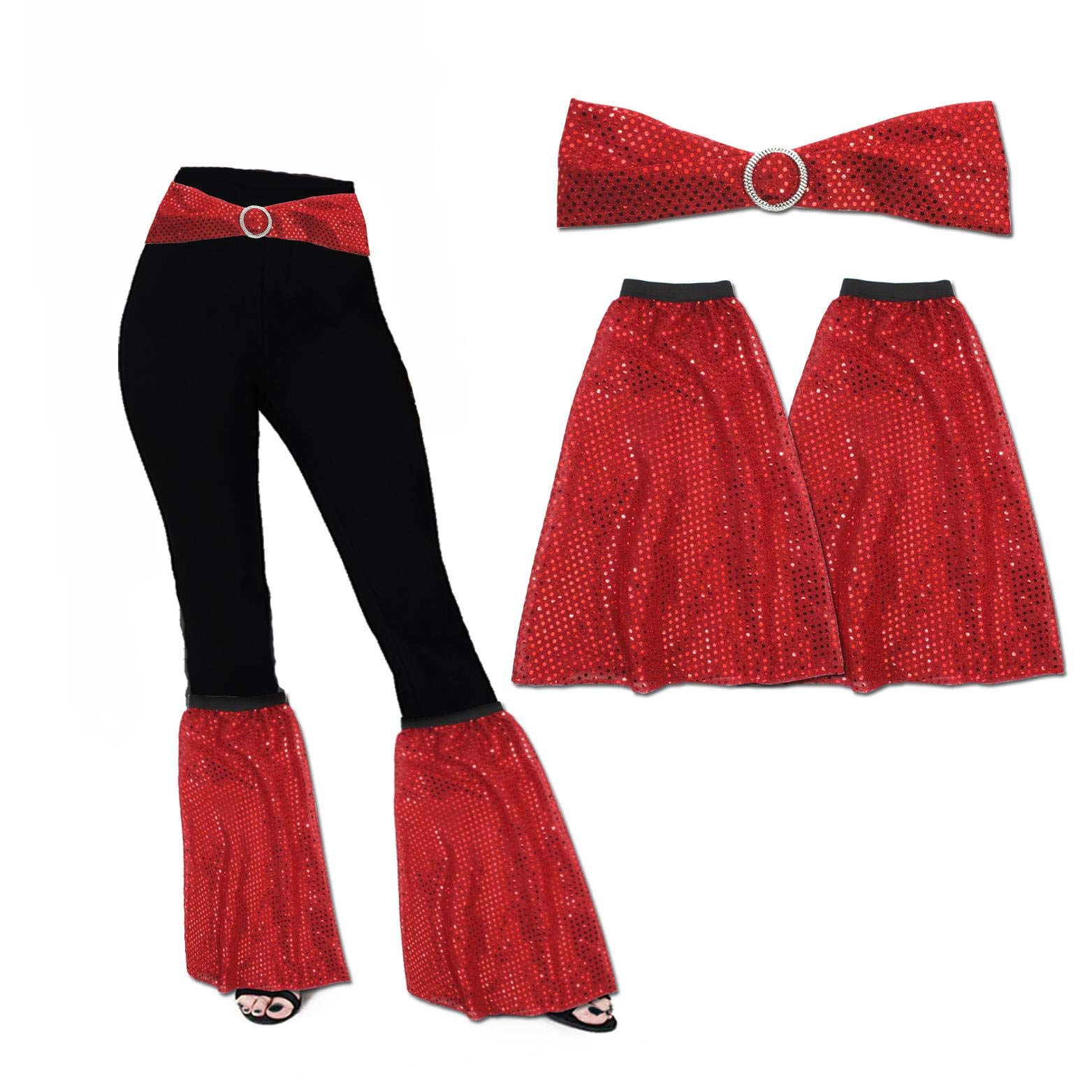 The Dragons Den Adults 1960s 1970s Sequined Flares Flared Boot Covers & Belt Hippie Disco Diva Fancy Dress Costume Accessory [Red]