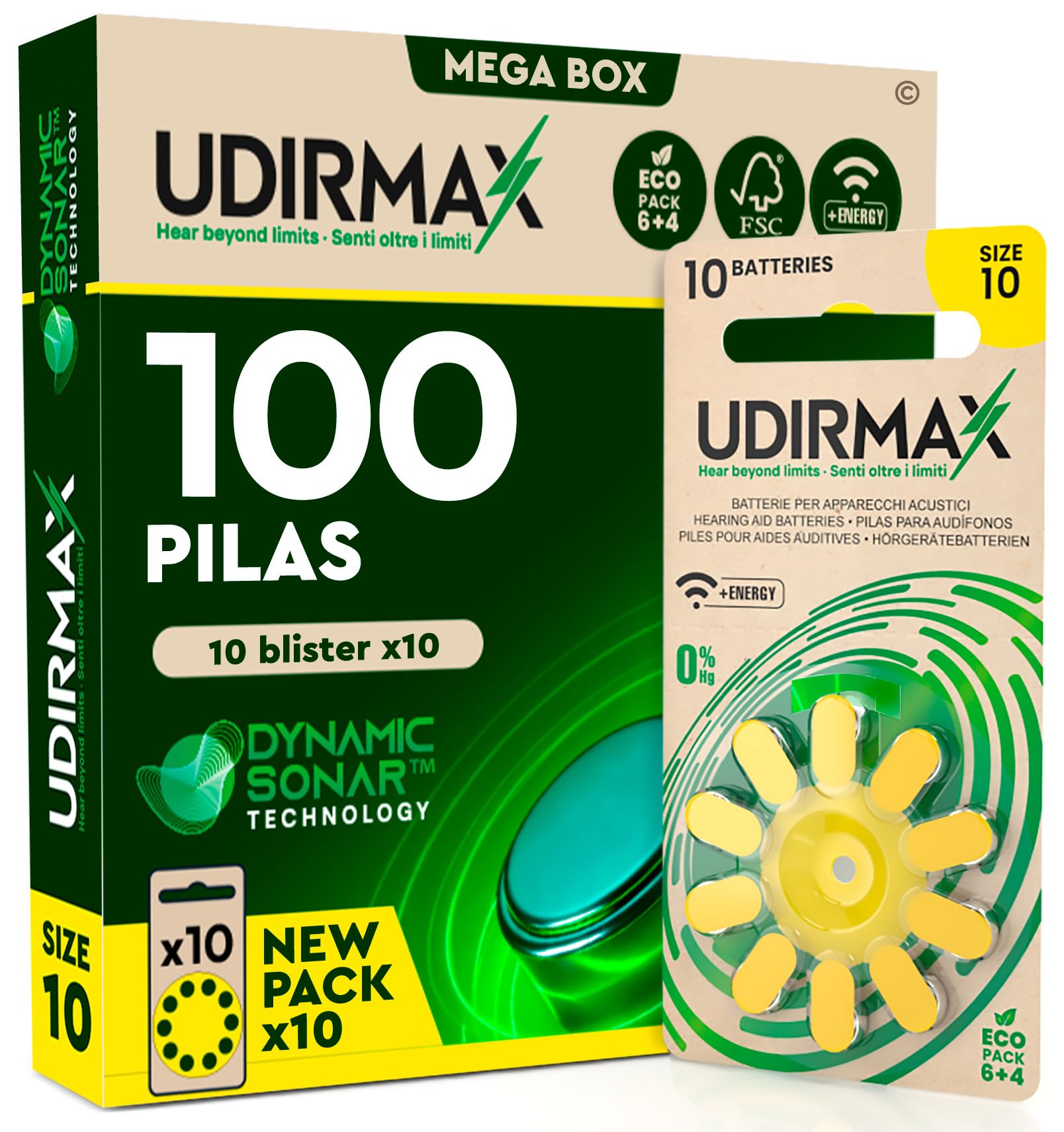 100 Baterías para Audífonos Tamaño 10 Amarillas PR70 - Pilas Zinc-Aire 1,45V Udirmax Tecnología Dynamic Sonar - Formato Eco Pack - 10 Blísteres Ecológicos de 10 Pilas