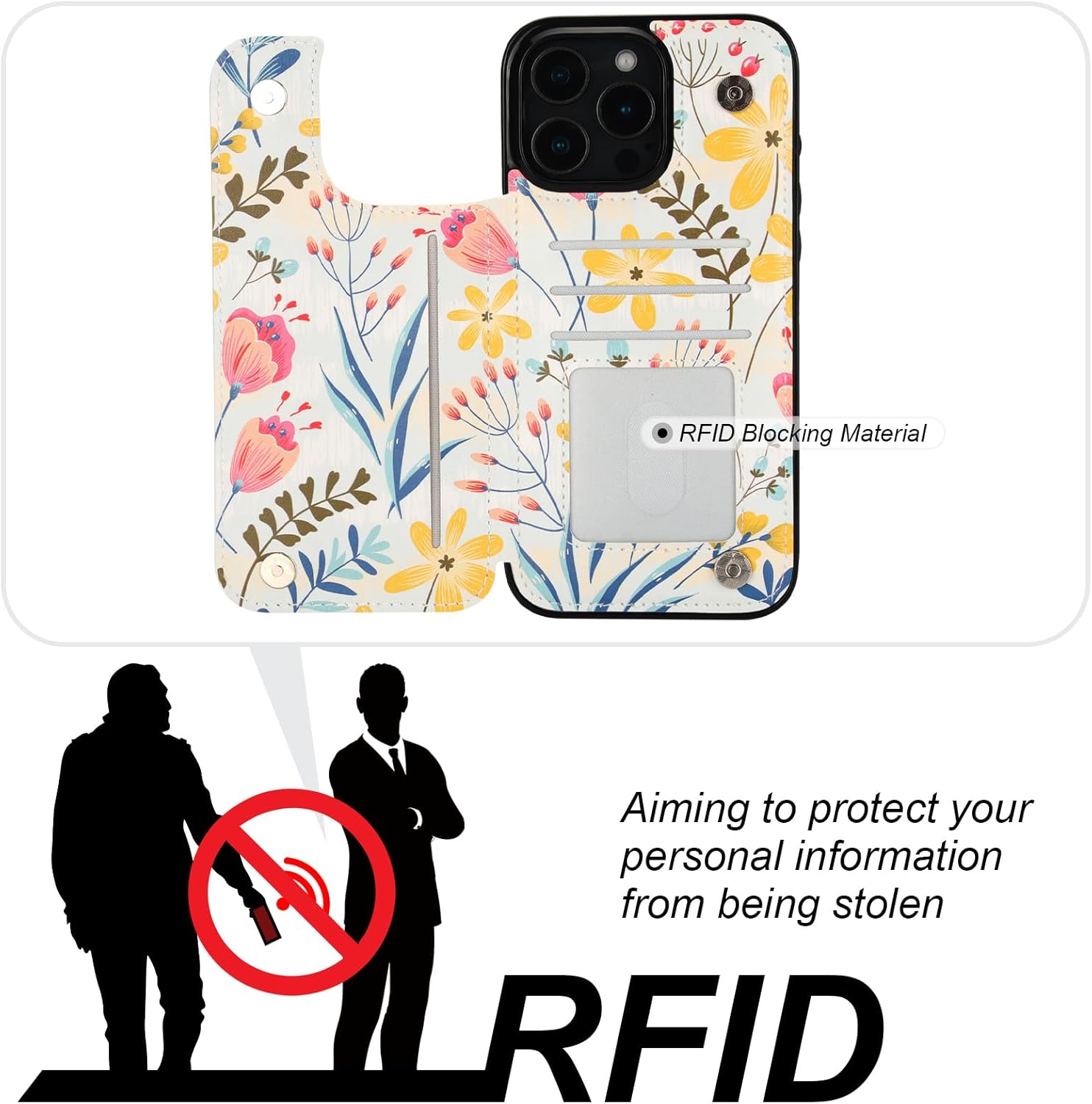 HAOPINSH for iPhone 16 Pro Max Wallet Case with Card Holder, Floral Flower Pattern Back Flip Folio PU Leather Kickstand Card Slots Case for Women Girls, Double Magnetic Clasp Shockproof Cover 6.9" - Image 4