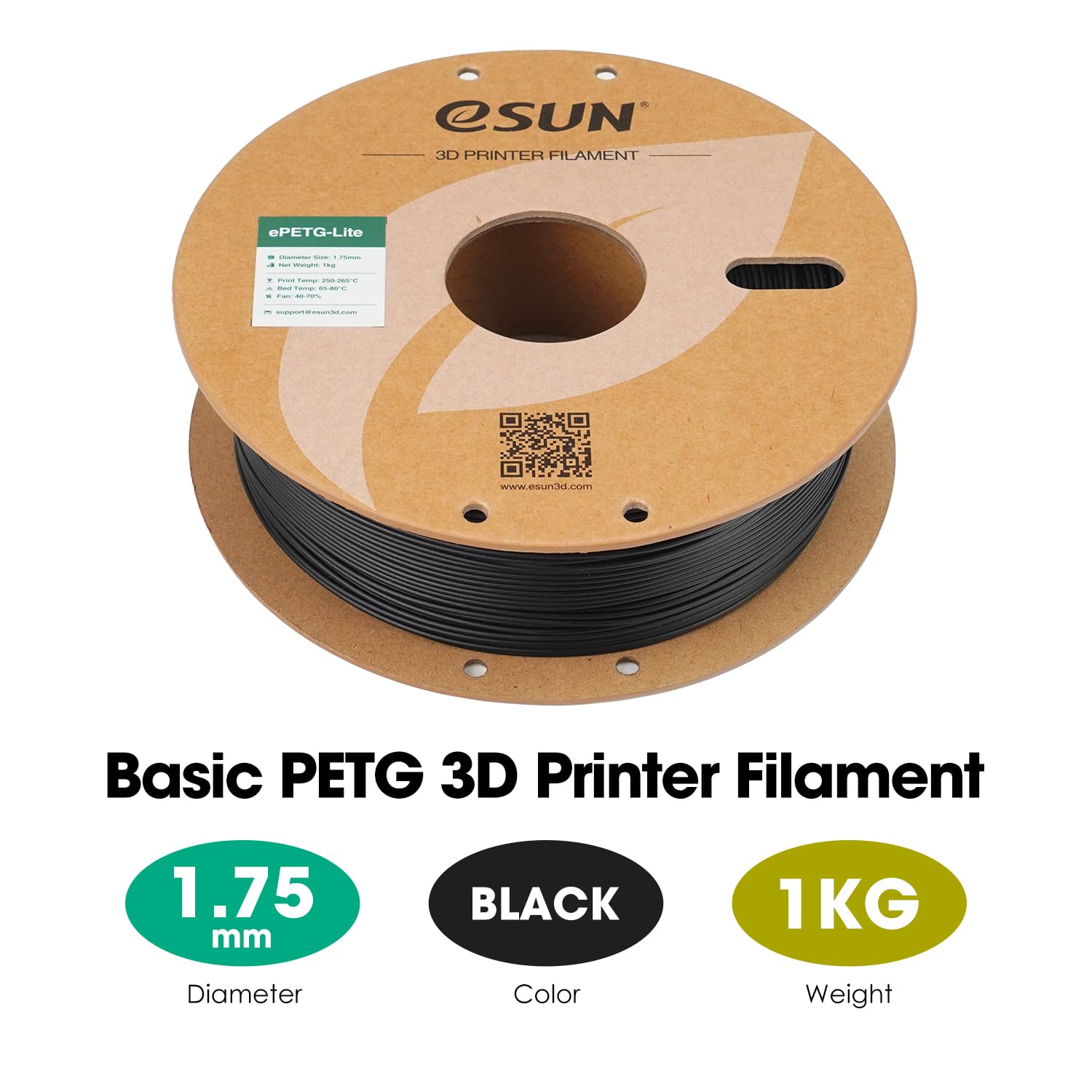 eSUN PETG filament 1,75 mm, filament PETG Basic o wysokiej wytrzymałości, szpula 1 kg (2,2 LBS) do drukarek 3D (Czarny, 1KG)