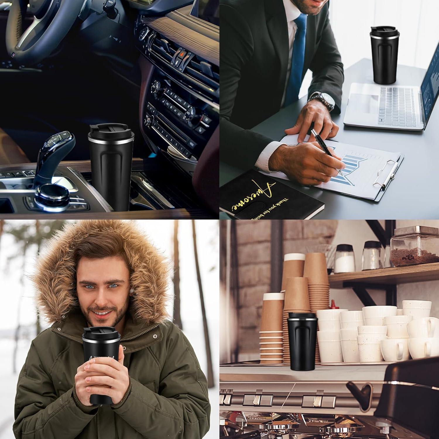 Set of 4 Employee Appreciation Gifts for Men Coworker Teacher 17oz Black Stainless Steel Coffee Tumbler with Lid Leather Journal Keychain Pen Thank You Gift for Staff Social Worker Male Nurse - Image 5