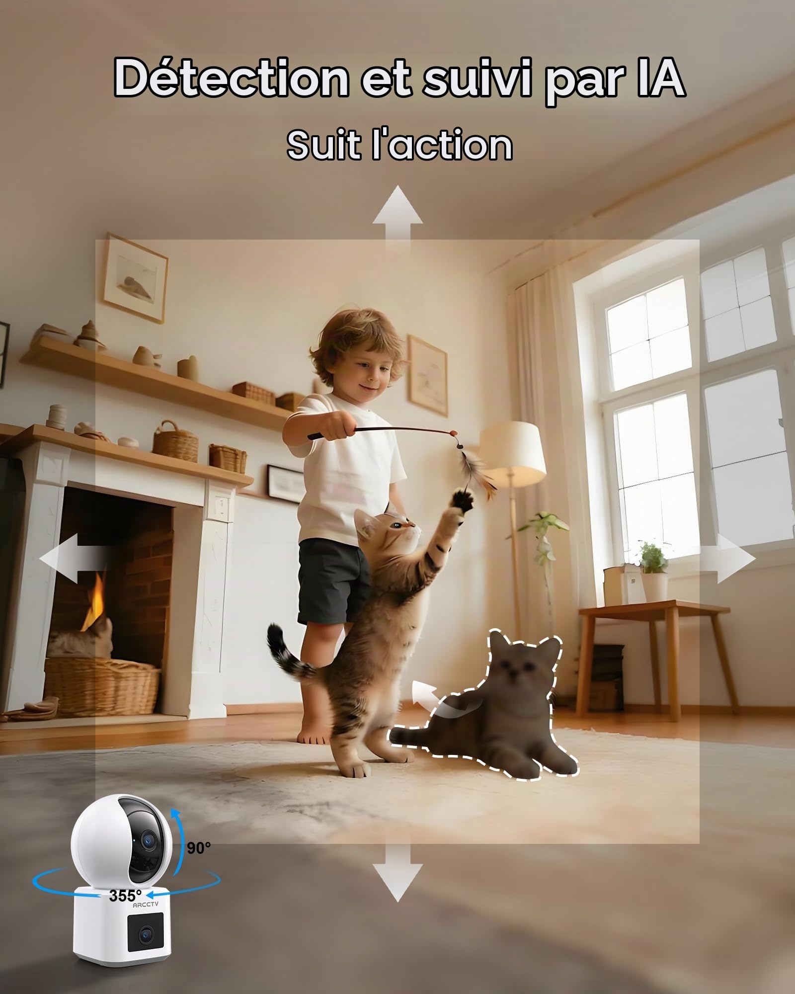 ARCCTV Y3 Caméra Intérieur WiFi Double Objectif 2.5K pour Chambre/Bébé/Pet | Double Objectif (2,5K+2,5K), 360° PTZ, 5G/2.4GHz WiFi, Enregistrement 24/7, Audio Bidirectionnel, Auto Tracking, SD Stockage