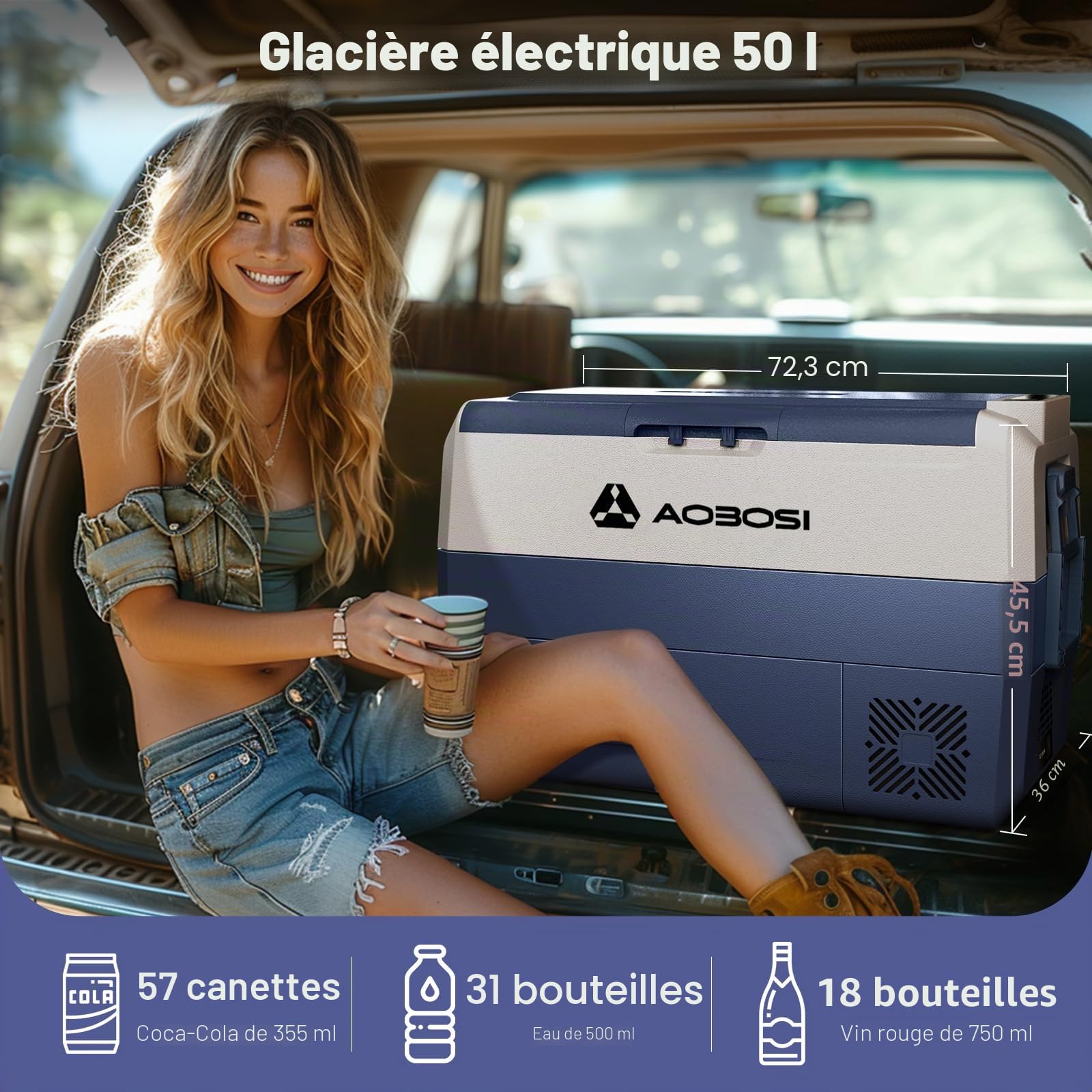 AAOBOSI Glaciere a Compression 50L, avec APP, -20°C à 20°C, 12V 230V | Avec Roues et Poignée Rétractable,-20°C à 20°C, Contrôle par APP, Éclairage LED, 12V 24V 230V AC, pour Auto Camion Camping