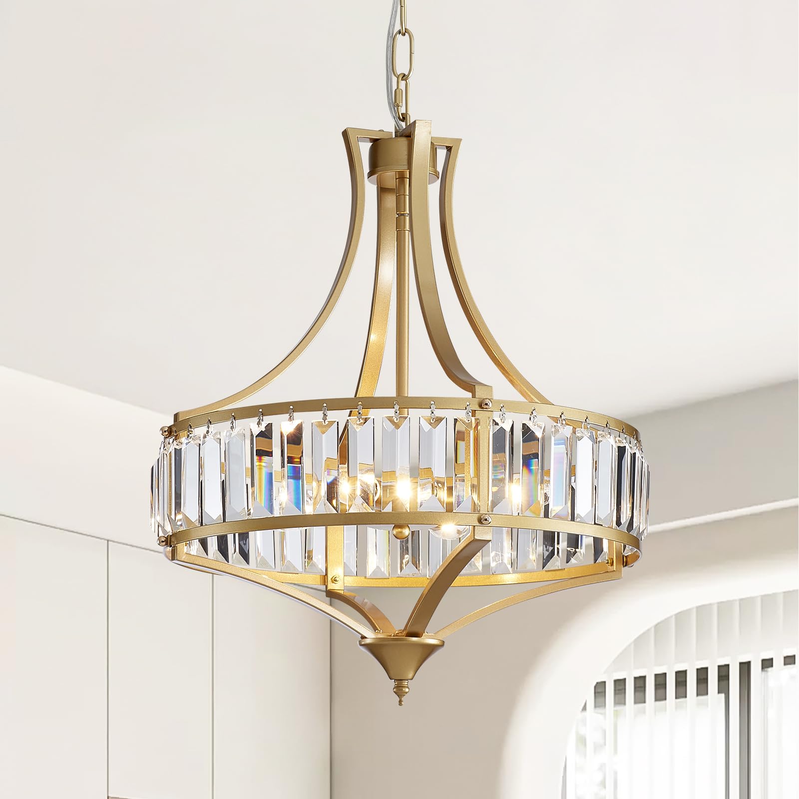 Majhoiw Vintage Gold Crystal Chandelier, 4-Light Rustic Pendant Light, Height Adjustable 40cm Dia Round Fixture for Dining Room, Living Room, Hallway, Foyer, Farmhouse Decor — image 1