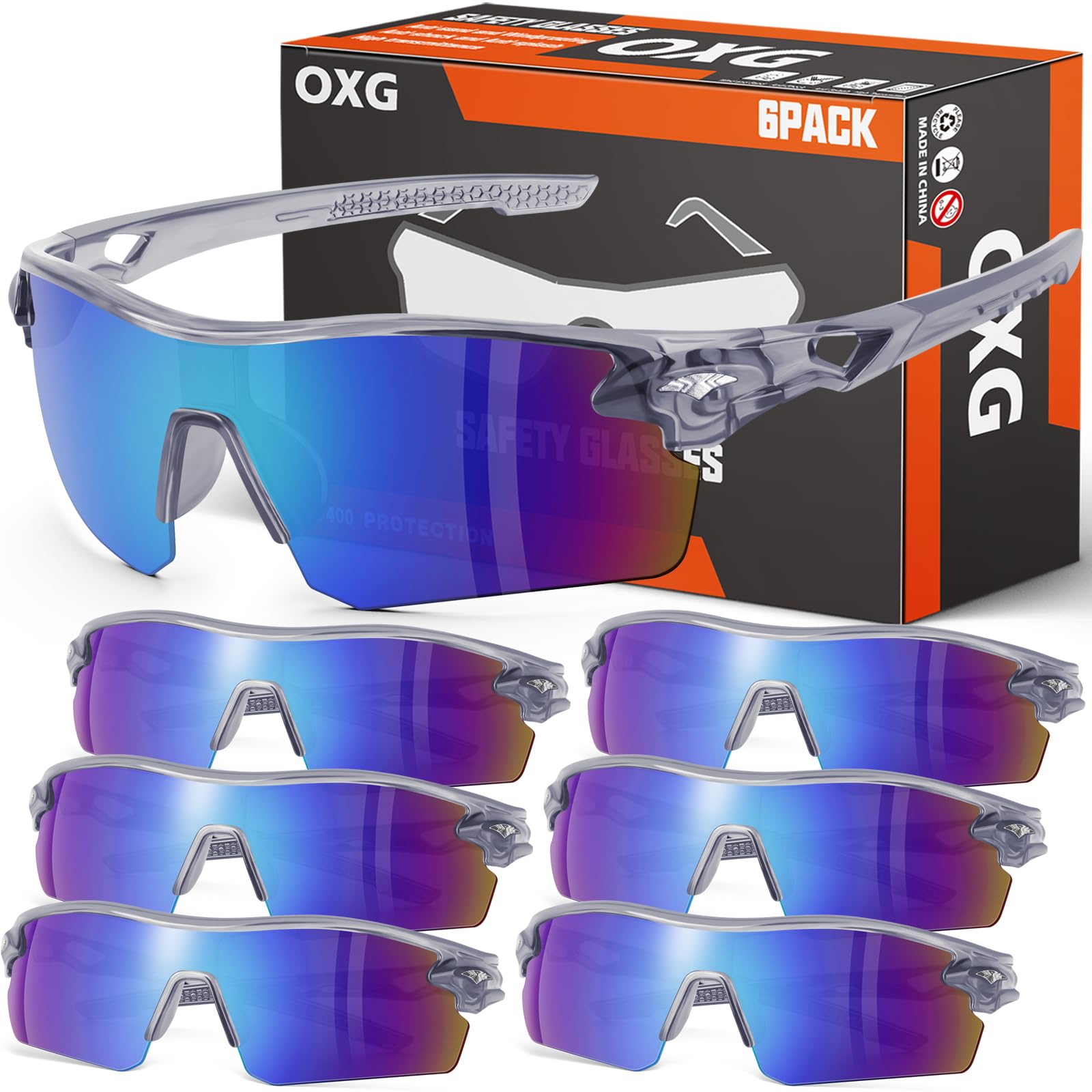 OXG 6er-Pack Unisex-Sicherheitsbrille mit umlaufendem Objektiv, kratzfest, stoßfest, entspricht ANSI Z87.1 Norm