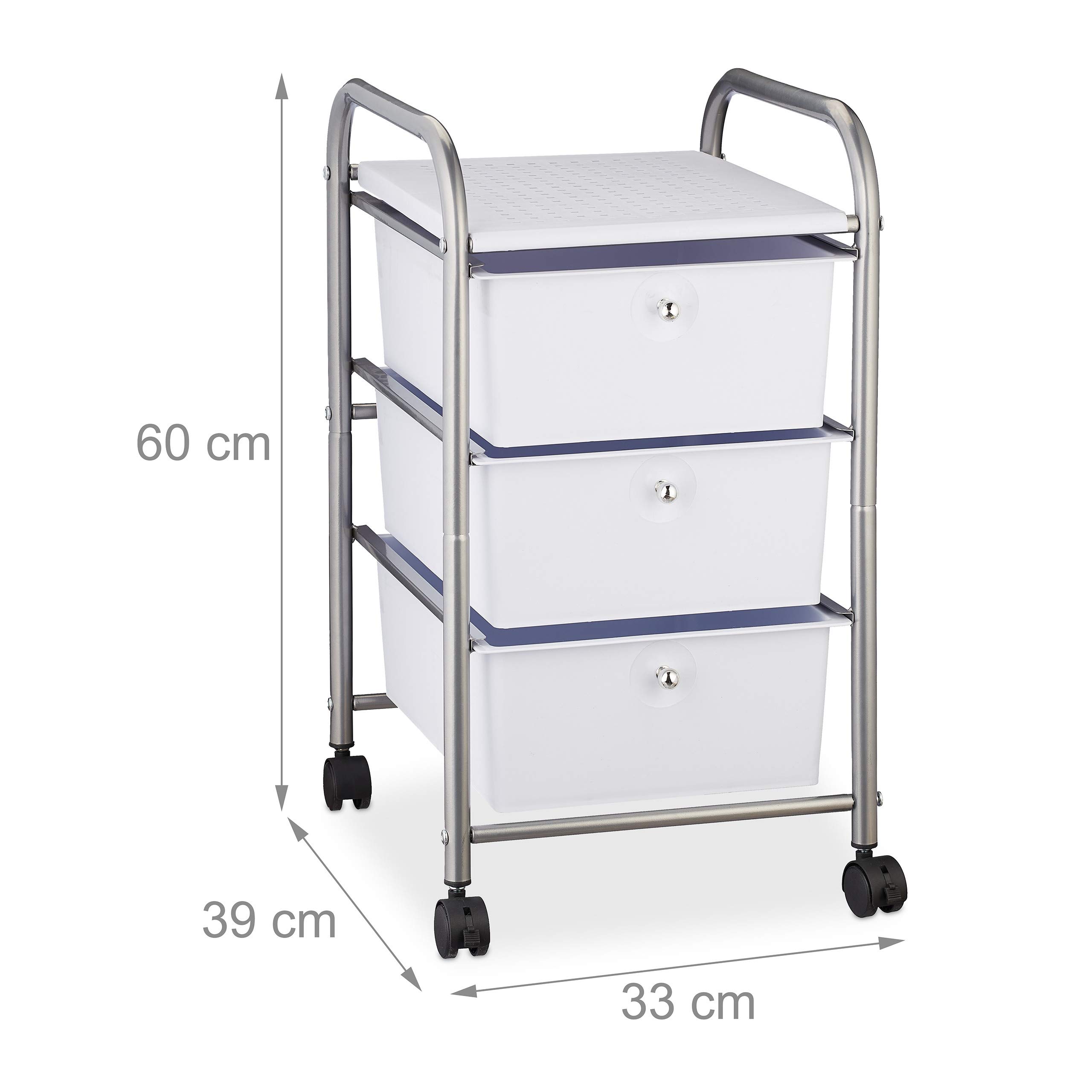 Relaxdays Chariot sur Roues de Bain, 3 tiroirs, métal et Plastique, conteneur, cosmétiques, 60 x 33 x 39 cm, Couleurs