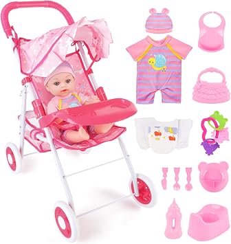 deAO Baby Doll Stroller 12" Baby Doll Set with Foldable Stroller 15 PCS Accessories for Toddlers 3-5 Christmas Birthday Gifts
