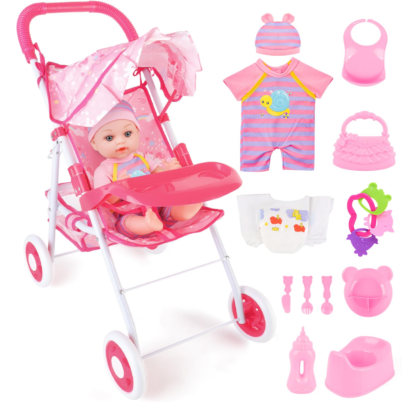 deAO Bambola bebé e Passeggino Giocattolo Set | 12" Bambolotto Bambina e Accessori con Baby Dolls Carrozzina, Funzione per Bere e Bagnare, Regalo per Bambini 3+ Role Play