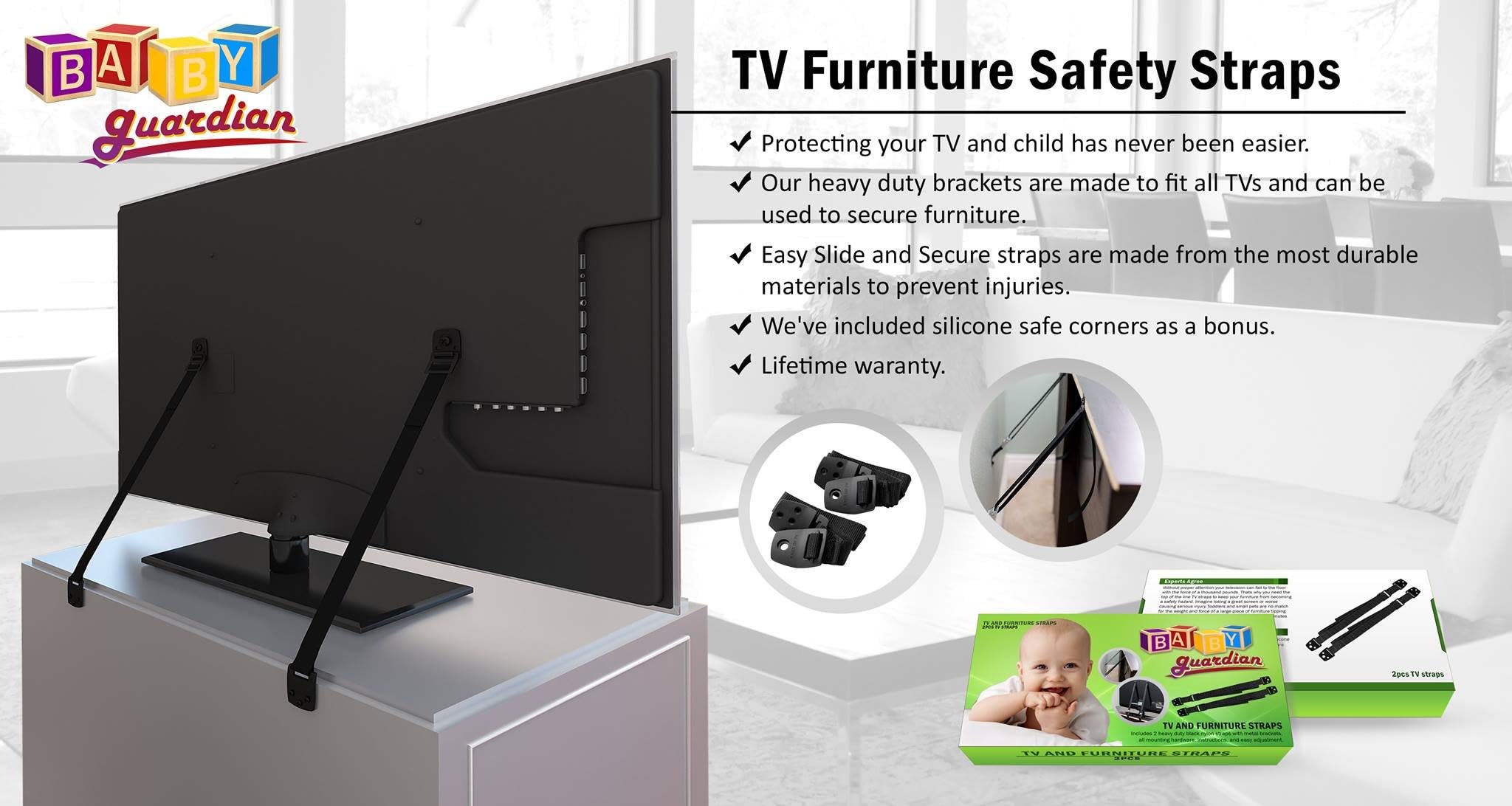 Premium TV Furniture Safety Straps By Baby Guardian - Safe & Effective Anti-Tip Protection - All Metal Brackets & Heavy Duty Nylon Straps - Installation Instructions, Screws & Hardware Included