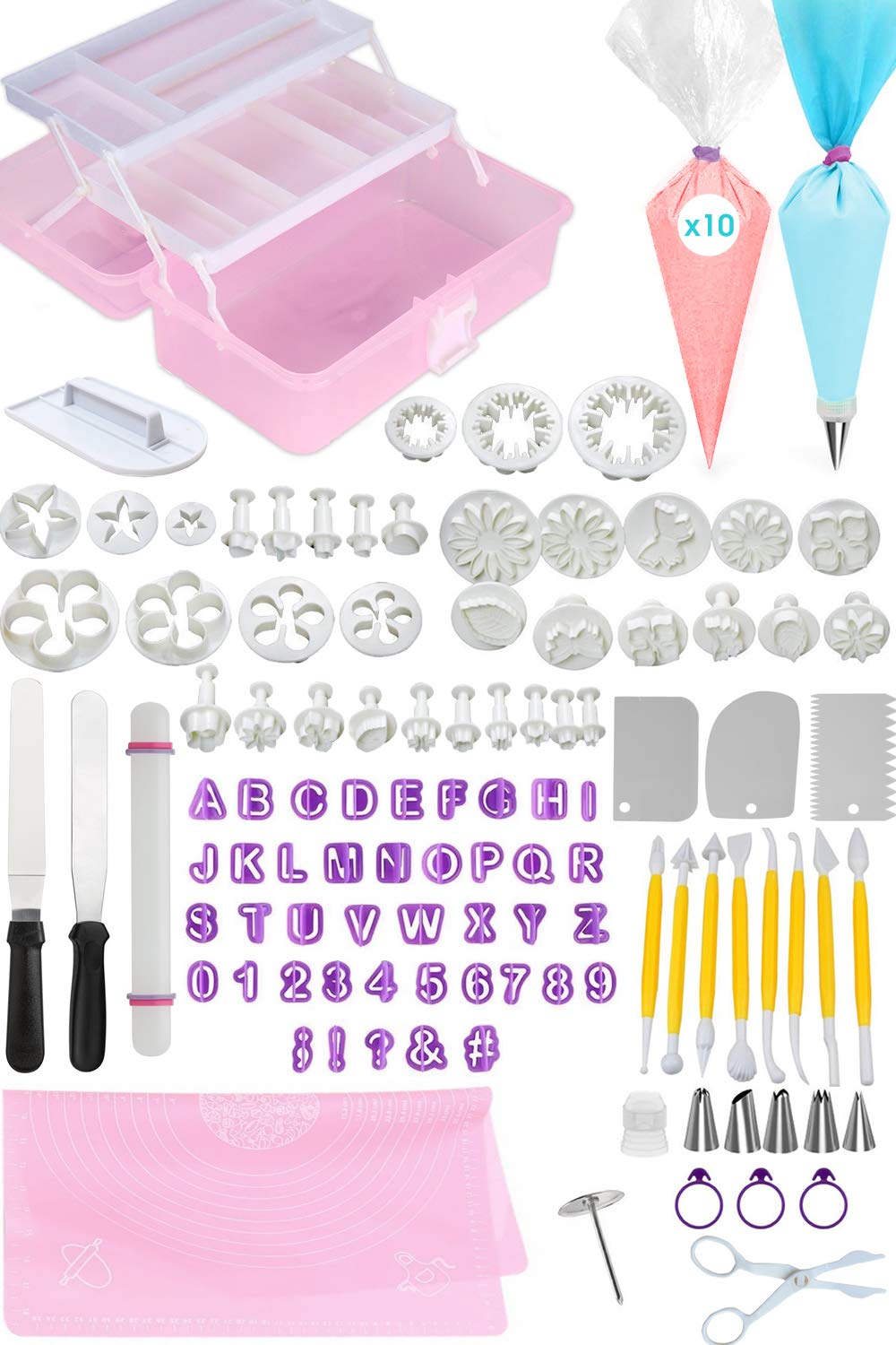 FONDANT TOOLS CAKE DECORATING SUPPLIES - 123pc baking kit, Icing Piping Bags, tips, 2 offset spatula
