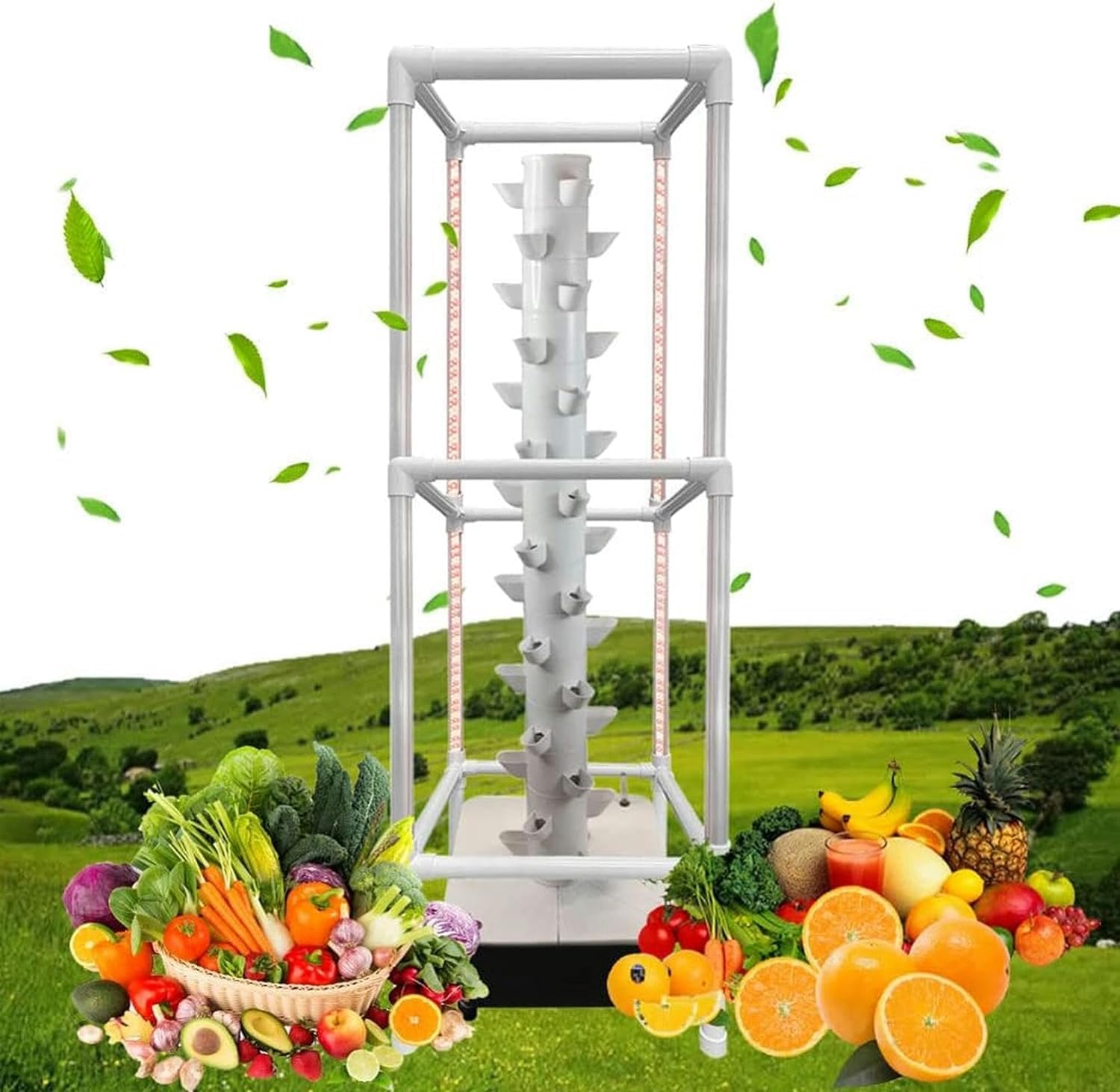 Sistema de Cultivo hidropónico en Torre, 15 Capas, 45 Agujeros, para Interior con luz LED, Torre de Cultivo Vertical con Bomba y depósito de Agua móvil, para Hierbas, Frutas y Verd