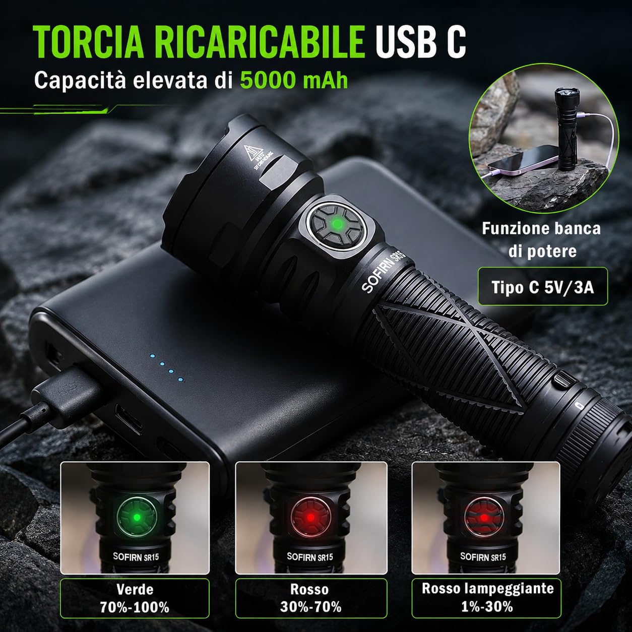 Sofirn SR15 Torcia LED Tattica, 4 LED Ultra Luminosi, Corpo in Alluminio, Nero