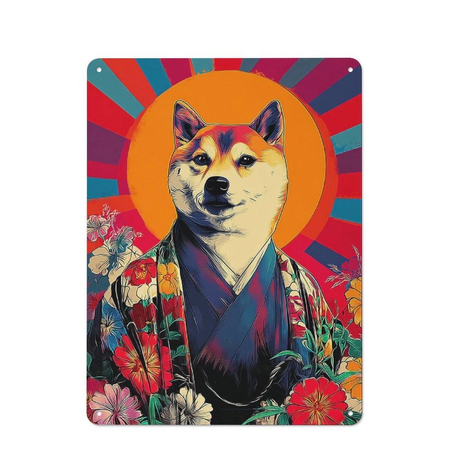 Floral Kimono Dog Portrait Old Style Metal Wall Decor 40x30cm, Decorative Tin Plaque for Cafe, Pub, Workshop Or Home Bar